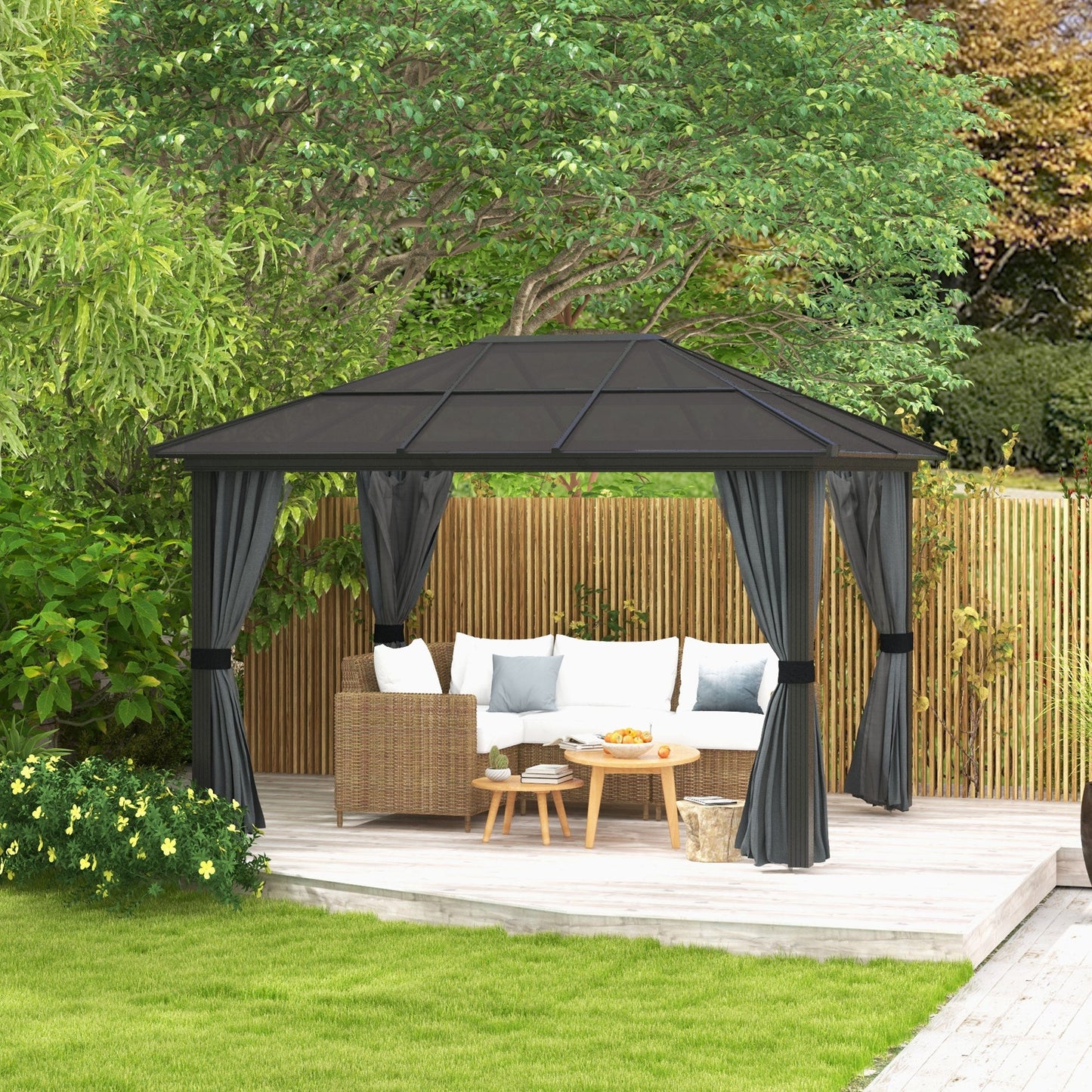 3 x 3.6m Hardtop Gazebo Canopy with Polycarbonate Roof, Aluminium Frame, Permanent Pavilion Garden Gazebo with Netting and Curtains for Patio, Deck, Dark Grey