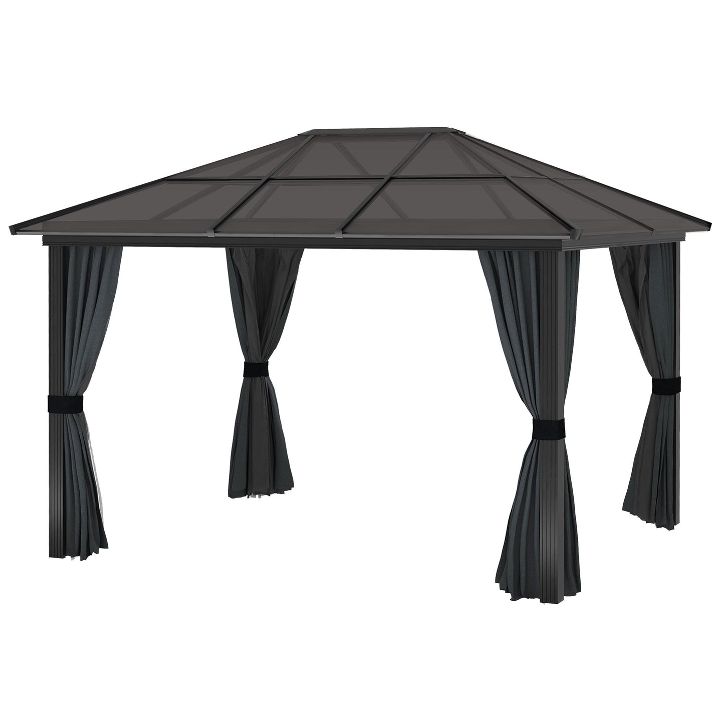 3 x 3.6m Hardtop Gazebo Canopy with Polycarbonate Roof, Aluminium Frame, Permanent Pavilion Garden Gazebo with Netting and Curtains for Patio, Deck, Dark Grey