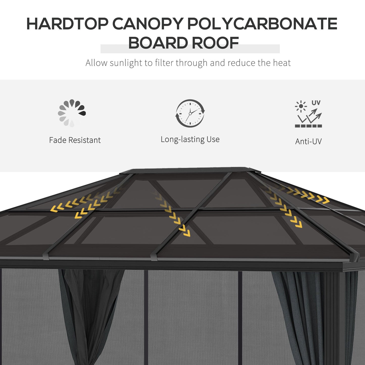 3 x 3.6m Hardtop Gazebo Canopy with Polycarbonate Roof, Aluminium Frame, Permanent Pavilion Garden Gazebo with Netting and Curtains for Patio, Deck, Dark Grey