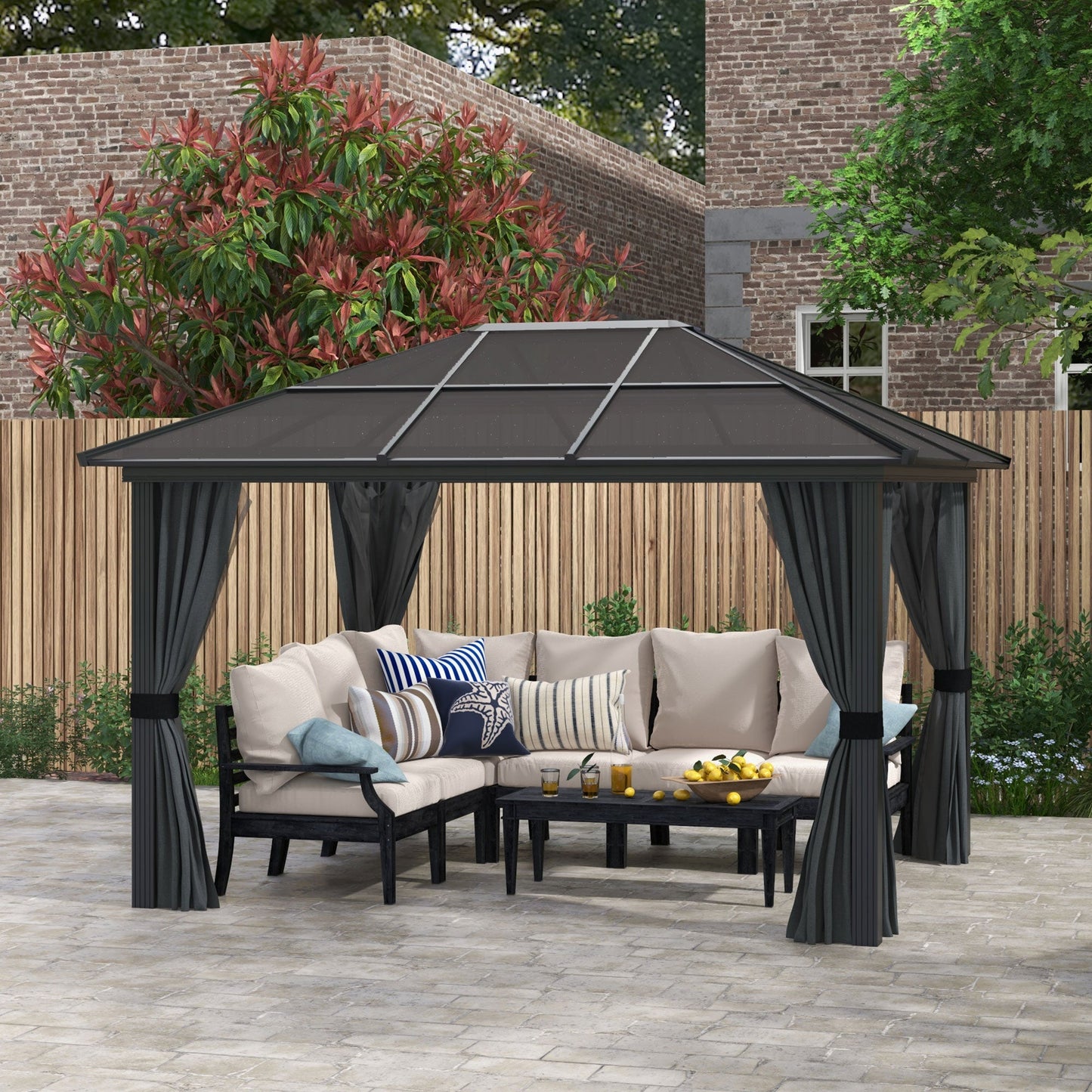 3 x 3.6m Hardtop Gazebo Canopy with Polycarbonate Roof, Aluminium Frame, Permanent Pavilion Garden Gazebo with Netting and Curtains for Patio, Deck, Dark Grey