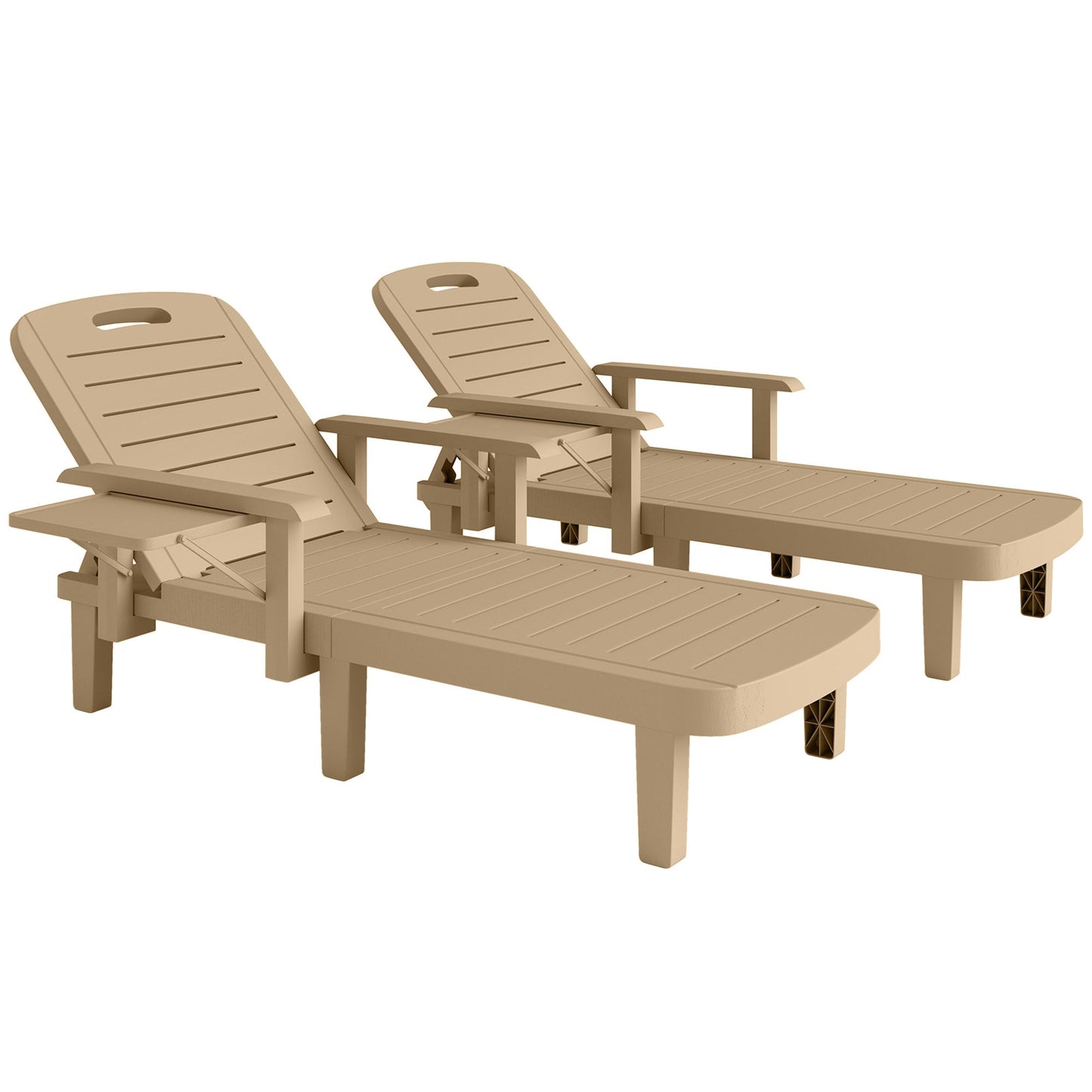 Set of 2 Resin Reclining Sun Loungers for Garden, 5 Positions Adjustable Outdoor Chaise Lounge Chair with Wood Texture Surface, Armrests, Foldable Side Table for Garden, Beach, Khaki