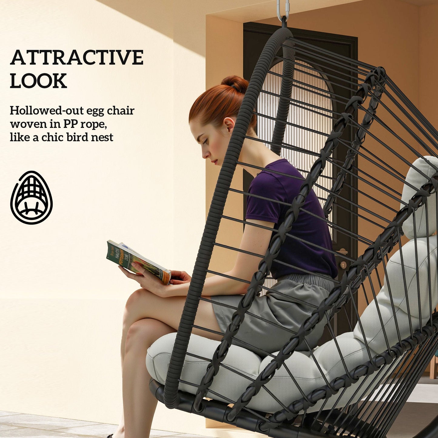 Outdoor PE Rattan Swing Chair with Cushion, Garden Foldable Basket Patio Hanging Egg Chair with Metal Stand, Headrest, for Indoor and Outdoor, Black