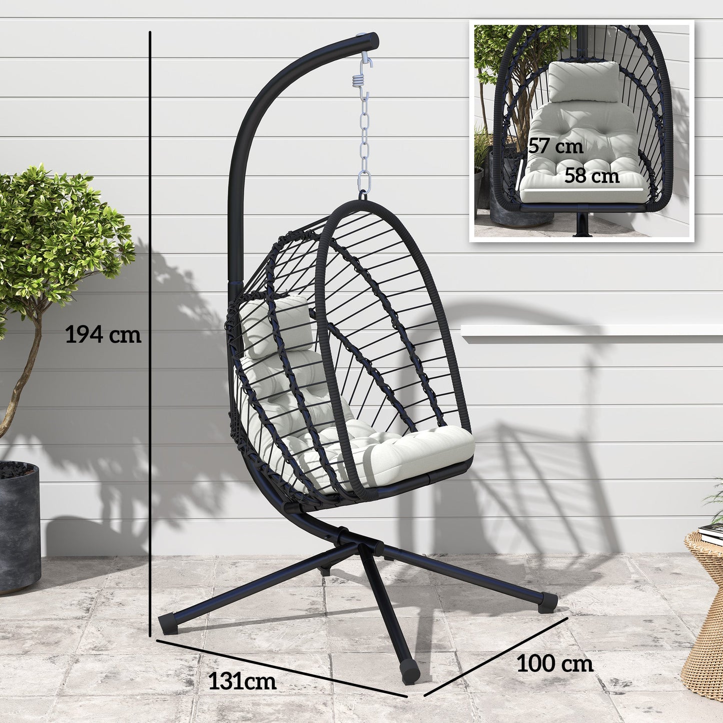 Outdoor PE Rattan Swing Chair with Cushion, Garden Foldable Basket Patio Hanging Egg Chair with Metal Stand, Headrest, for Indoor and Outdoor, Black