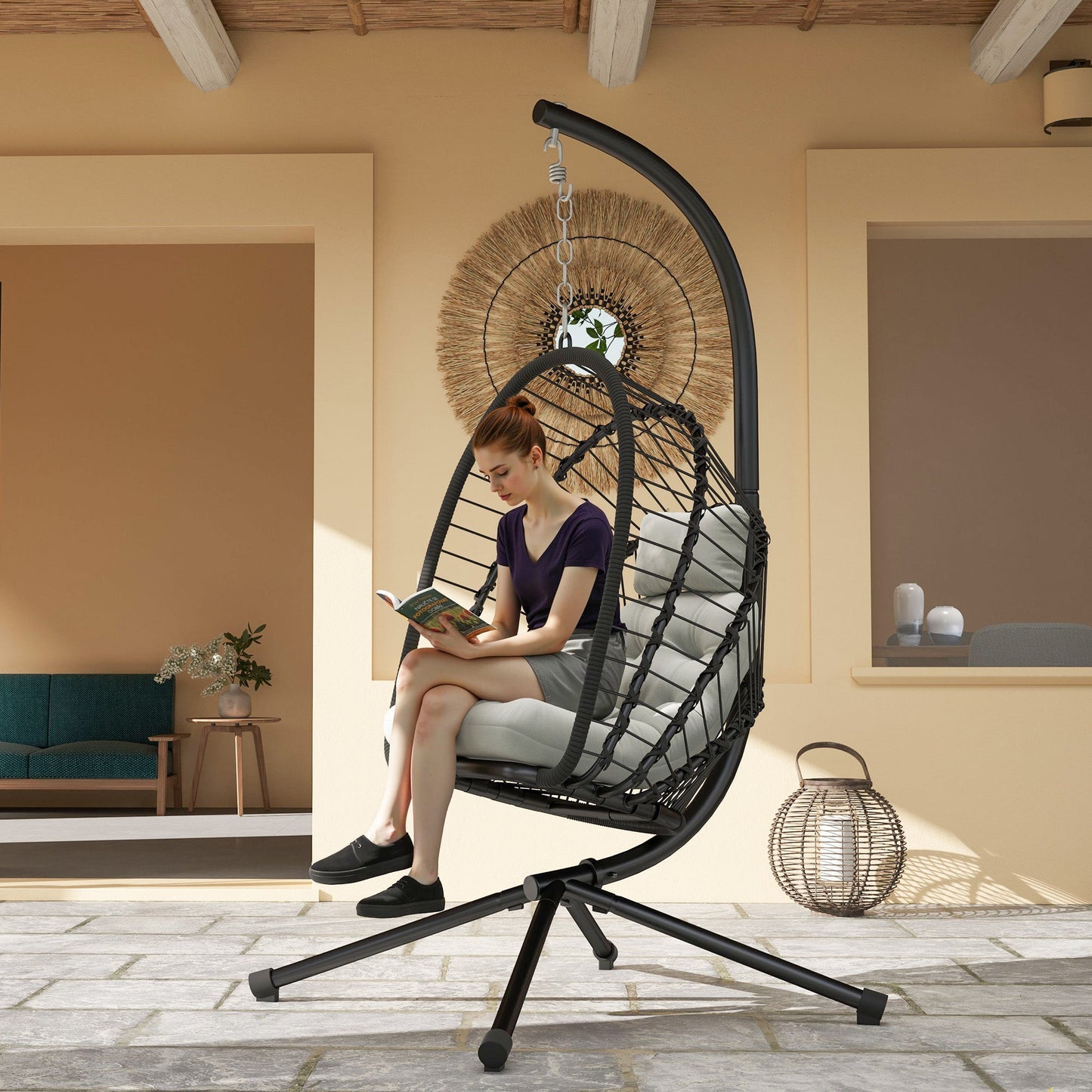 Outdoor PE Rattan Swing Chair with Cushion, Garden Foldable Basket Patio Hanging Egg Chair with Metal Stand, Headrest, for Indoor and Outdoor, Black