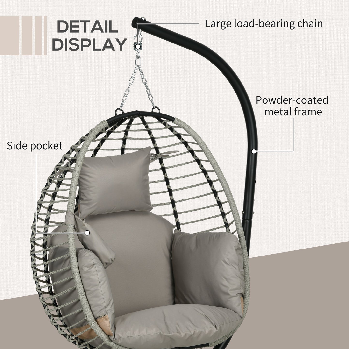 Outdoor Swing Chair with Thick Padded Cushion, Patio Hanging Egg Chair with Metal Stand, Foldable Basket, Cup Holder, Rope Structure for Indoor & Outdoor, Grey