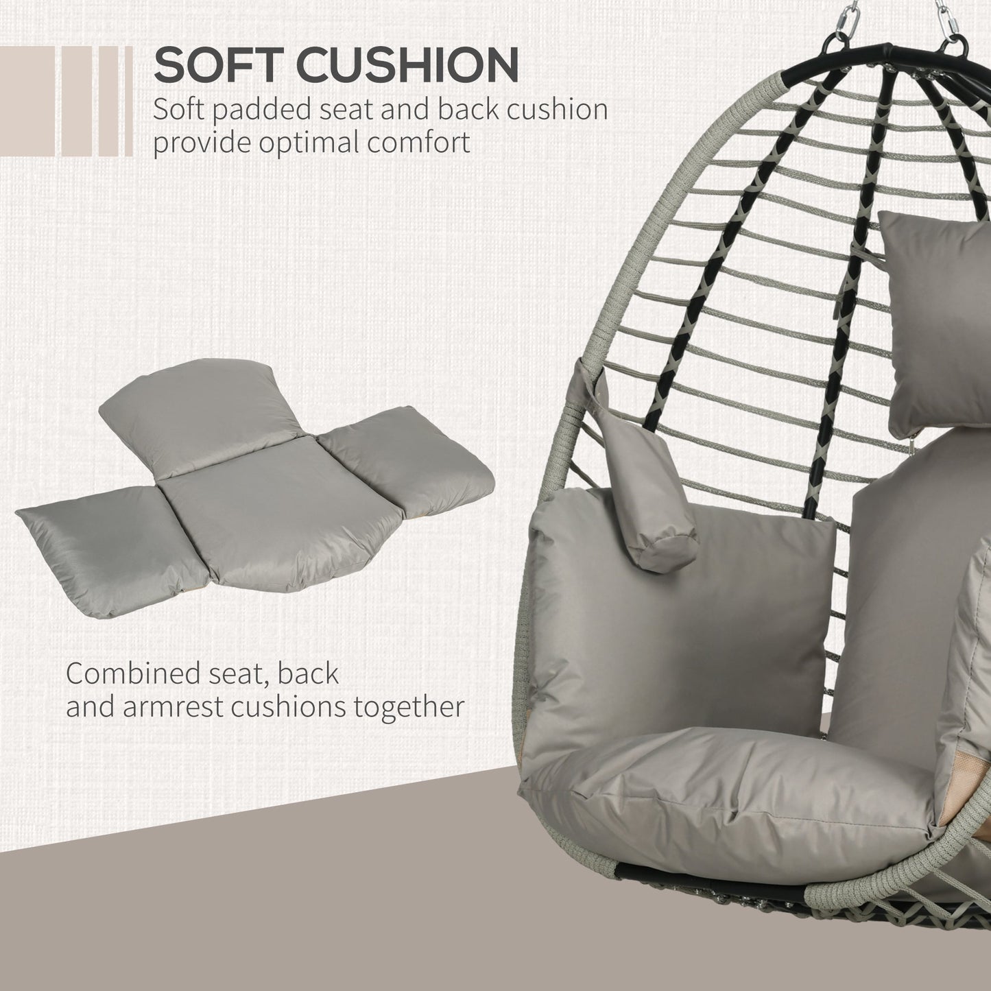 Outdoor Swing Chair with Thick Padded Cushion, Patio Hanging Egg Chair with Metal Stand, Foldable Basket, Cup Holder, Rope Structure for Indoor & Outdoor, Grey