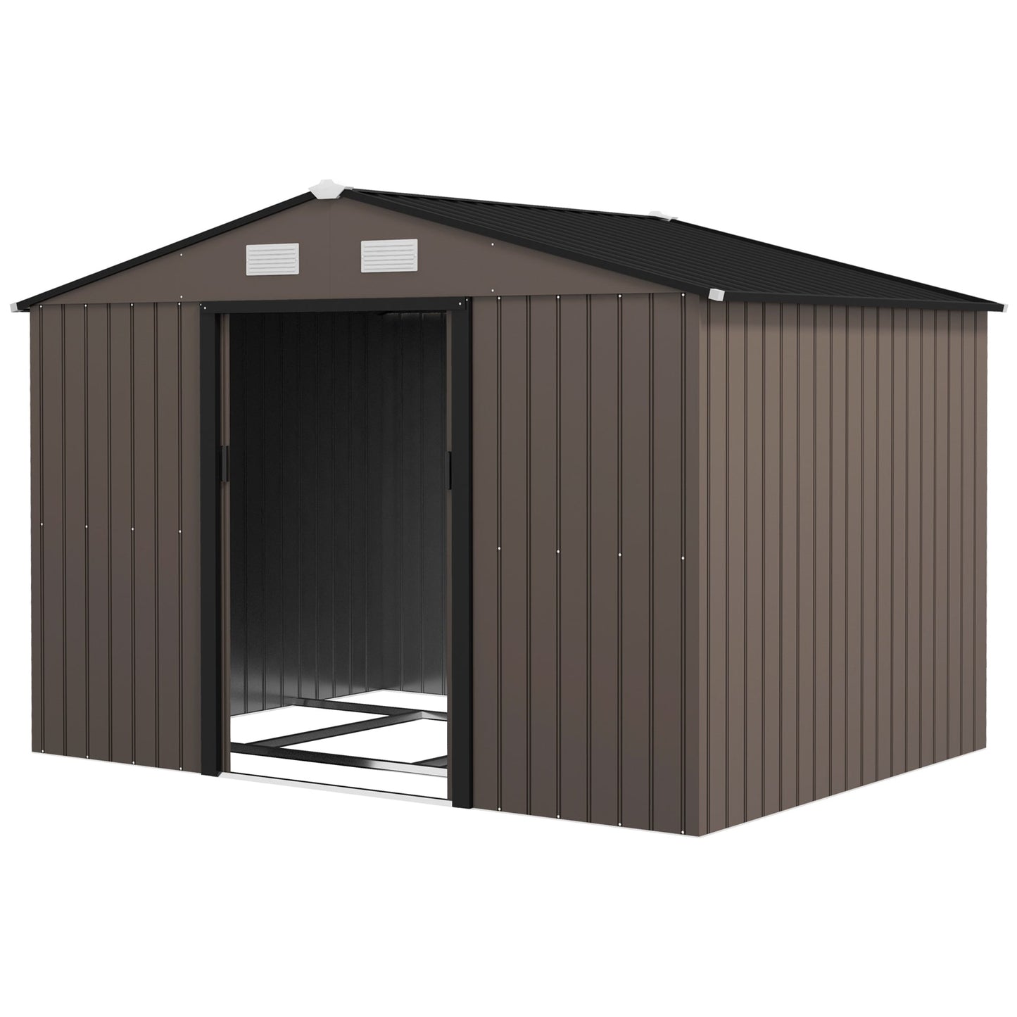 9 x 6ft Metal Garden Shed, Outdoor Storage Tool House with Ventilation Slots, Foundation Kit and Lockable Double Doors, Brown
