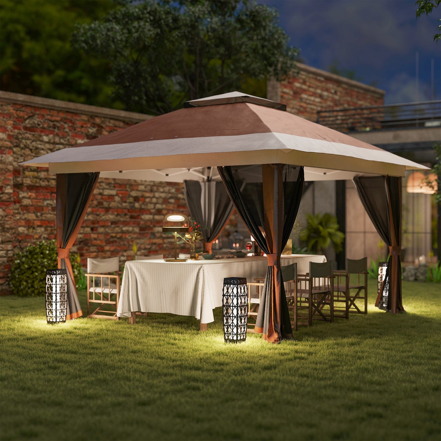 3.6 x 3.6m Pop Up Gazebo with Mesh Sides, UPF50+ Height Adjustable Party Tent Instant Event Shelter with Wheeled Carry Bag and Sand Bags for Garden, Patio, Brown