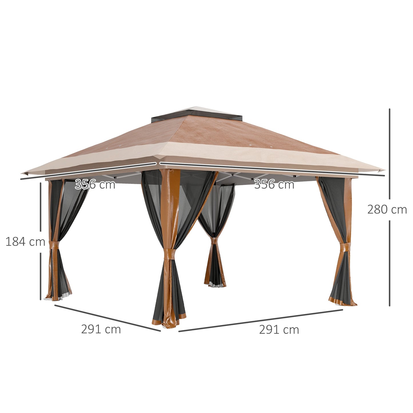 3.6 x 3.6m Pop Up Gazebo with Mesh Sides, UPF50+ Height Adjustable Party Tent Instant Event Shelter with Wheeled Carry Bag and Sand Bags for Garden, Patio, Brown