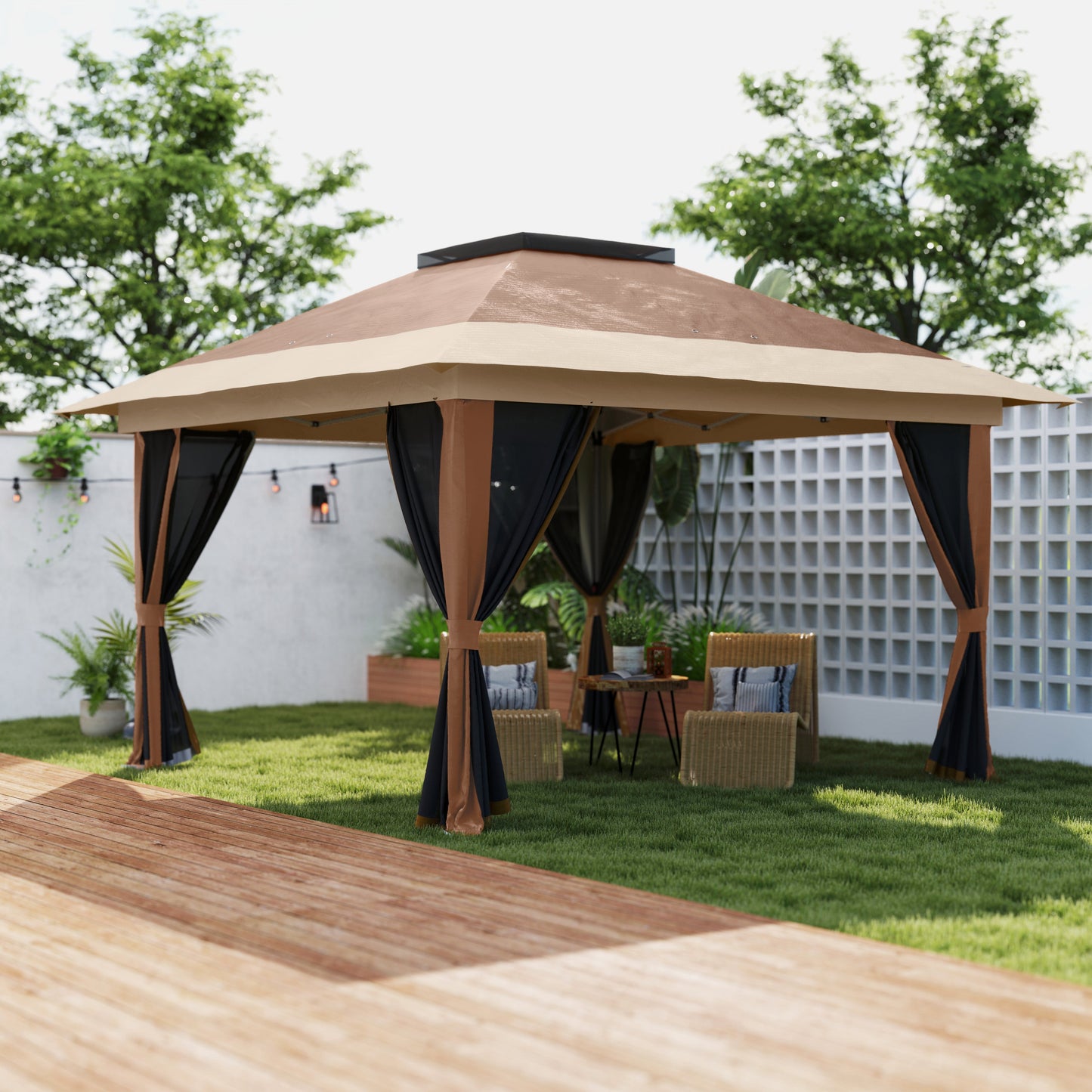 3.6 x 3.6m Pop Up Gazebo with Mesh Sides, UPF50+ Height Adjustable Party Tent Instant Event Shelter with Wheeled Carry Bag and Sand Bags for Garden, Patio, Brown