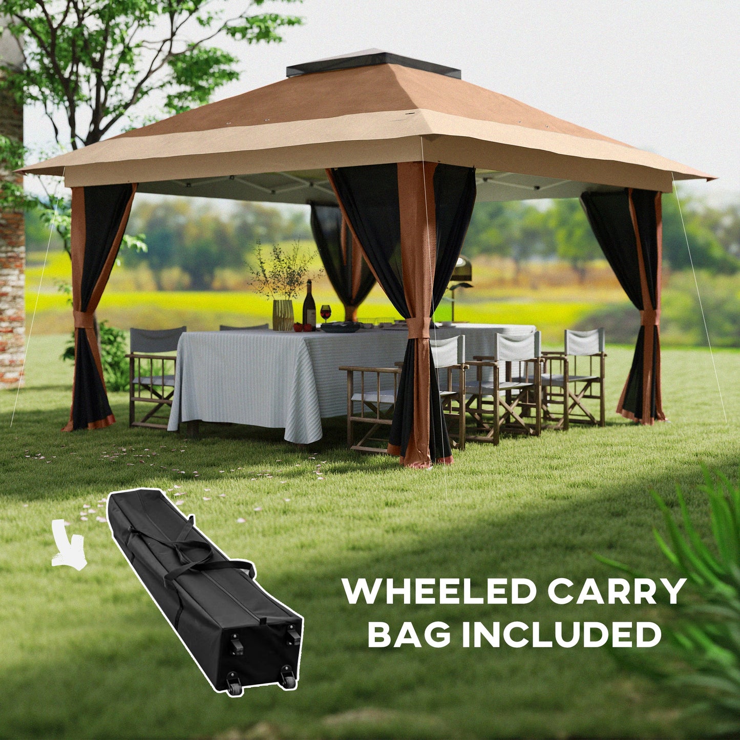 3.6 x 3.6m Pop Up Gazebo with Mesh Sides, UPF50+ Height Adjustable Party Tent Instant Event Shelter with Wheeled Carry Bag and Sand Bags for Garden, Patio, Brown