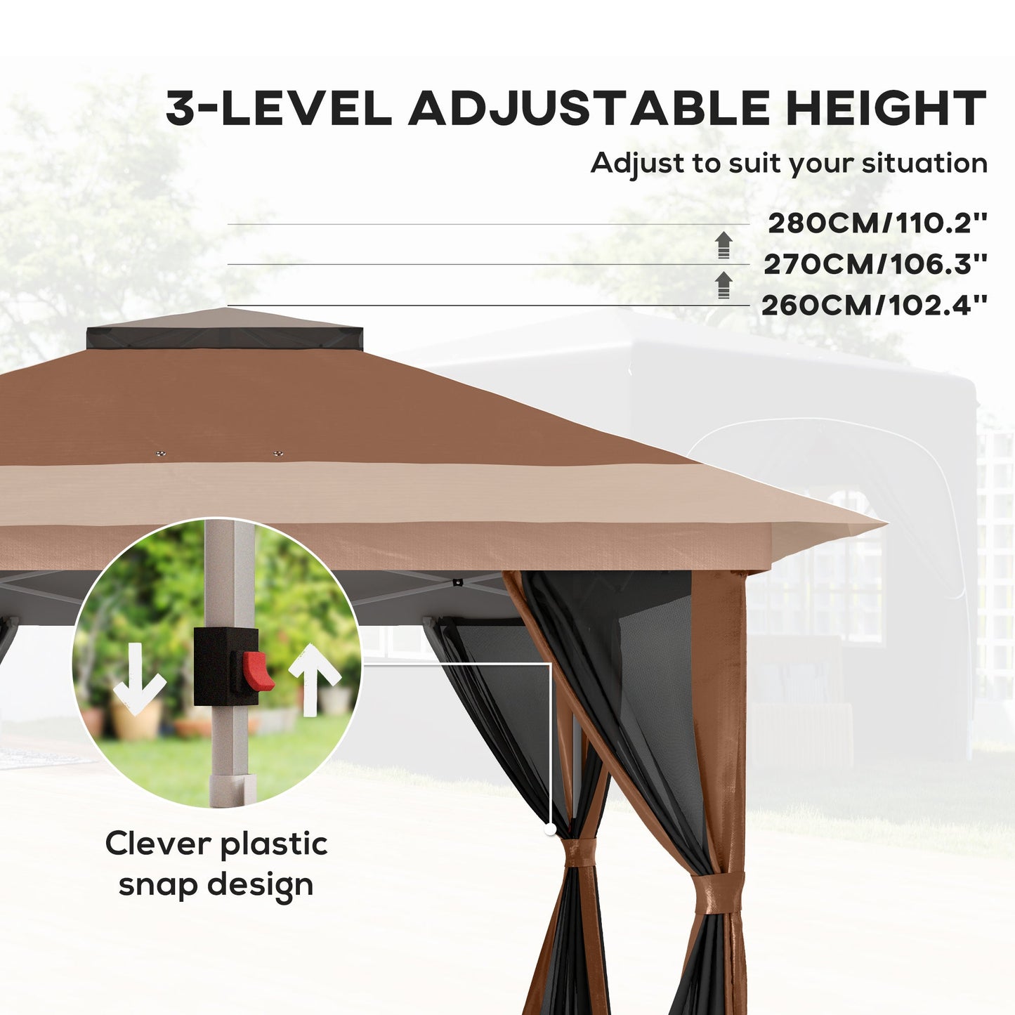 3.6 x 3.6m Pop Up Gazebo with Mesh Sides, UPF50+ Height Adjustable Party Tent Instant Event Shelter with Wheeled Carry Bag and Sand Bags for Garden, Patio, Brown