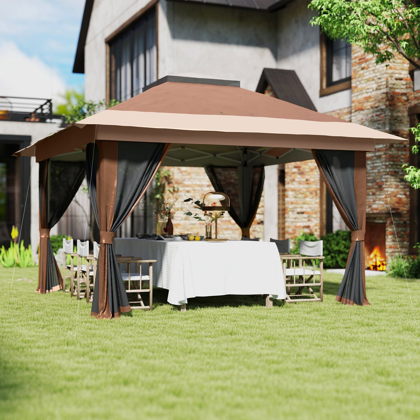 3.6 x 3.6m Pop Up Gazebo with Mesh Sides, UPF50+ Height Adjustable Party Tent Instant Event Shelter with Wheeled Carry Bag and Sand Bags for Garden, Patio, Brown