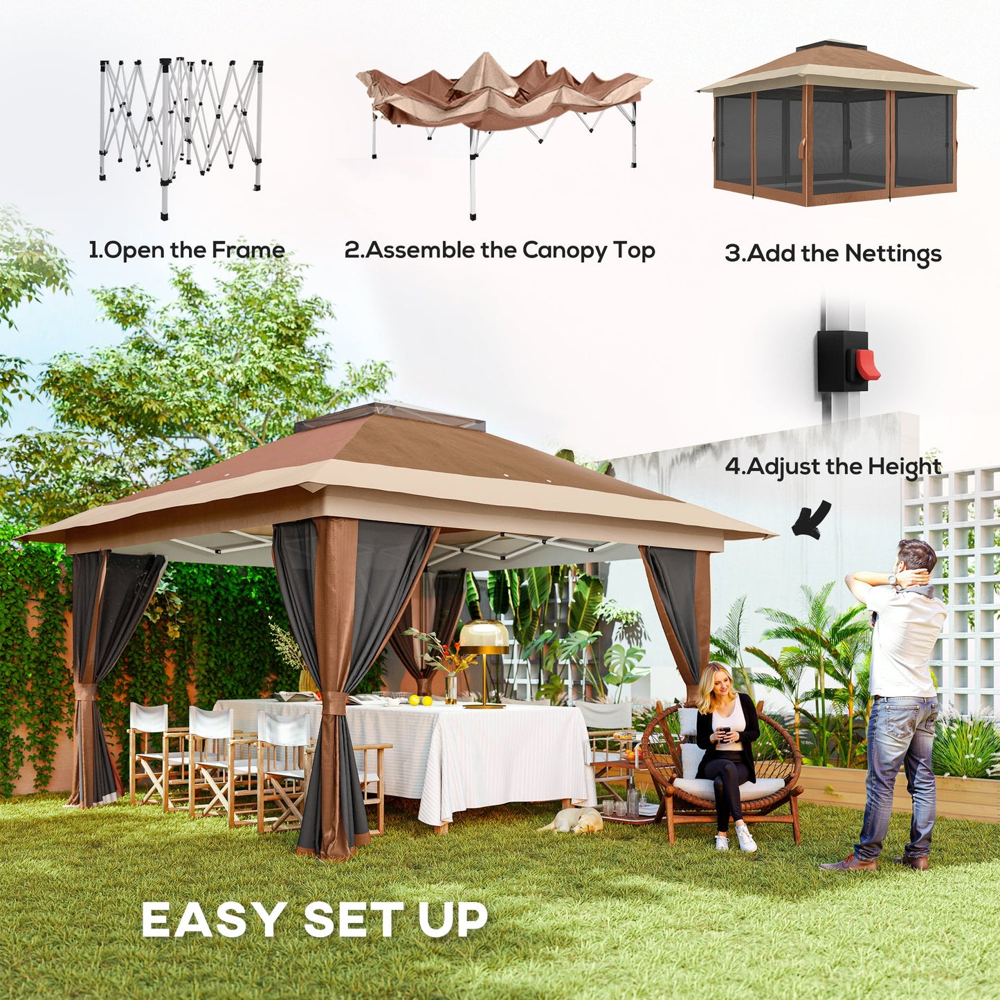 3.6 x 3.6m Pop Up Gazebo with Mesh Sides, UPF50+ Height Adjustable Party Tent Instant Event Shelter with Wheeled Carry Bag and Sand Bags for Garden, Patio, Brown