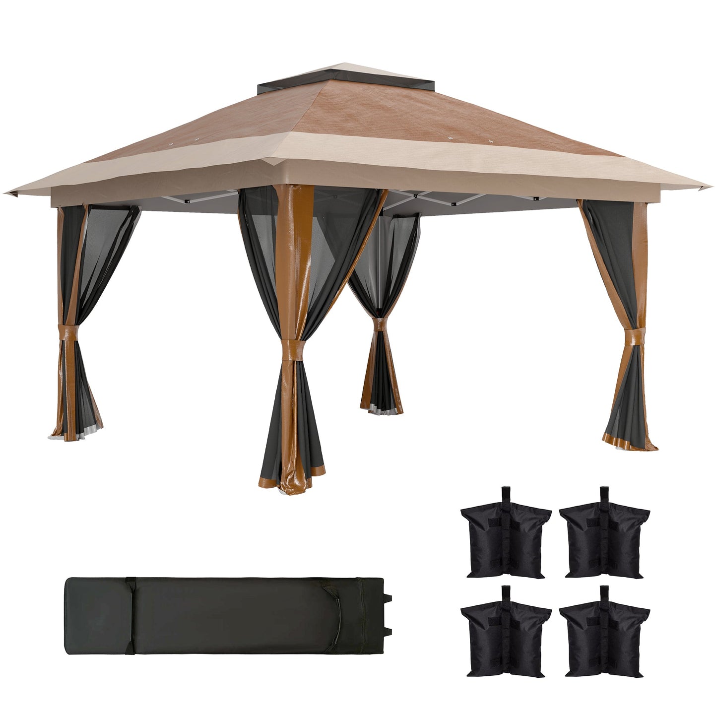 3.6 x 3.6m Pop Up Gazebo with Mesh Sides, UPF50+ Height Adjustable Party Tent Instant Event Shelter with Wheeled Carry Bag and Sand Bags for Garden, Patio, Brown