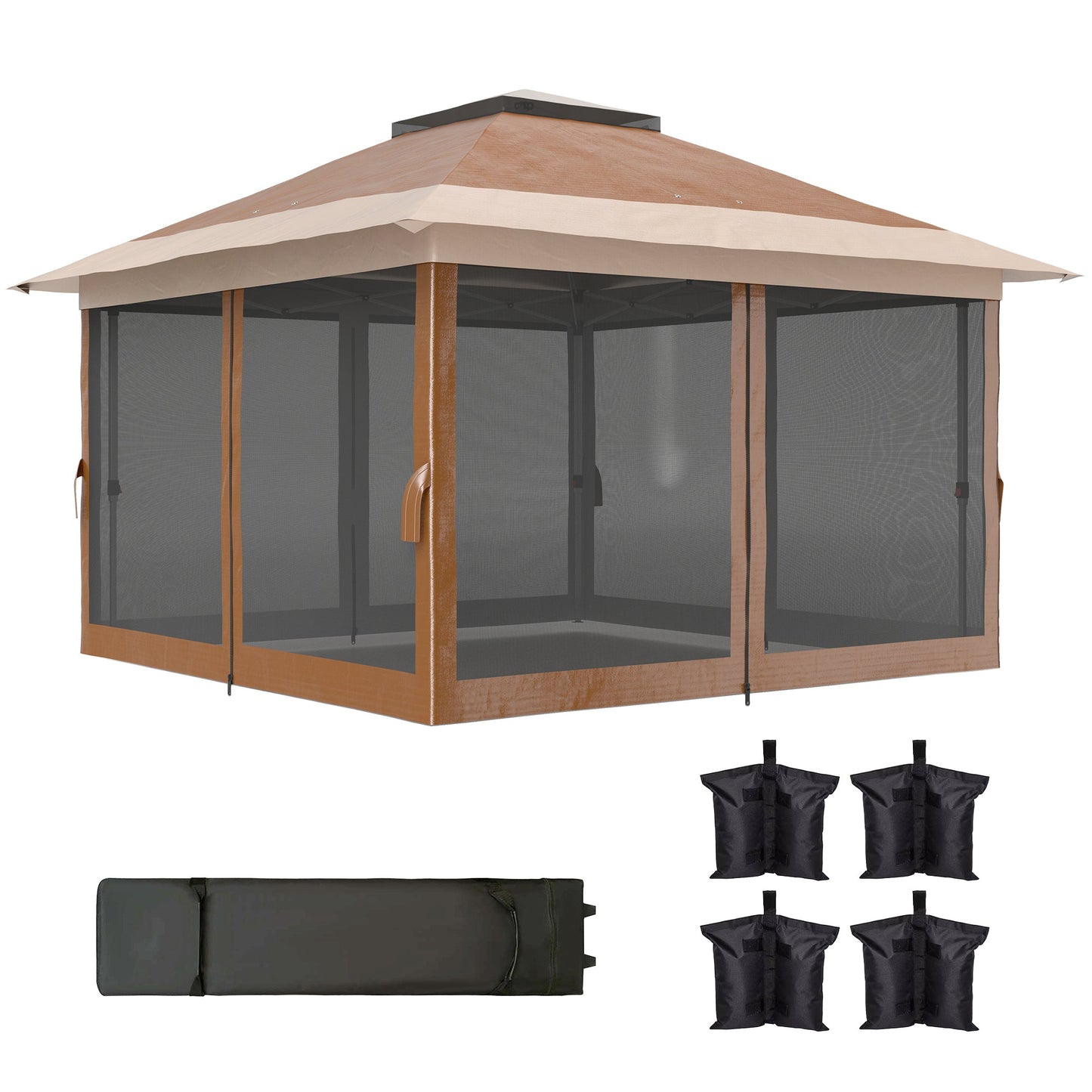 3.6 x 3.6m Pop Up Gazebo with Mesh Sides, UPF50+ Height Adjustable Party Tent Instant Event Shelter with Wheeled Carry Bag and Sand Bags for Garden, Patio, Brown