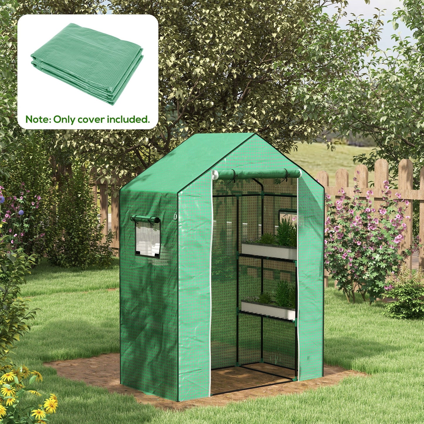 Walk-in Greenhouse Cover Replacement with Roll-up Door and Mesh Windows, Reinforced PE Hot House Cover, COVER ONLY, 140 x 73 x 190cm, Green