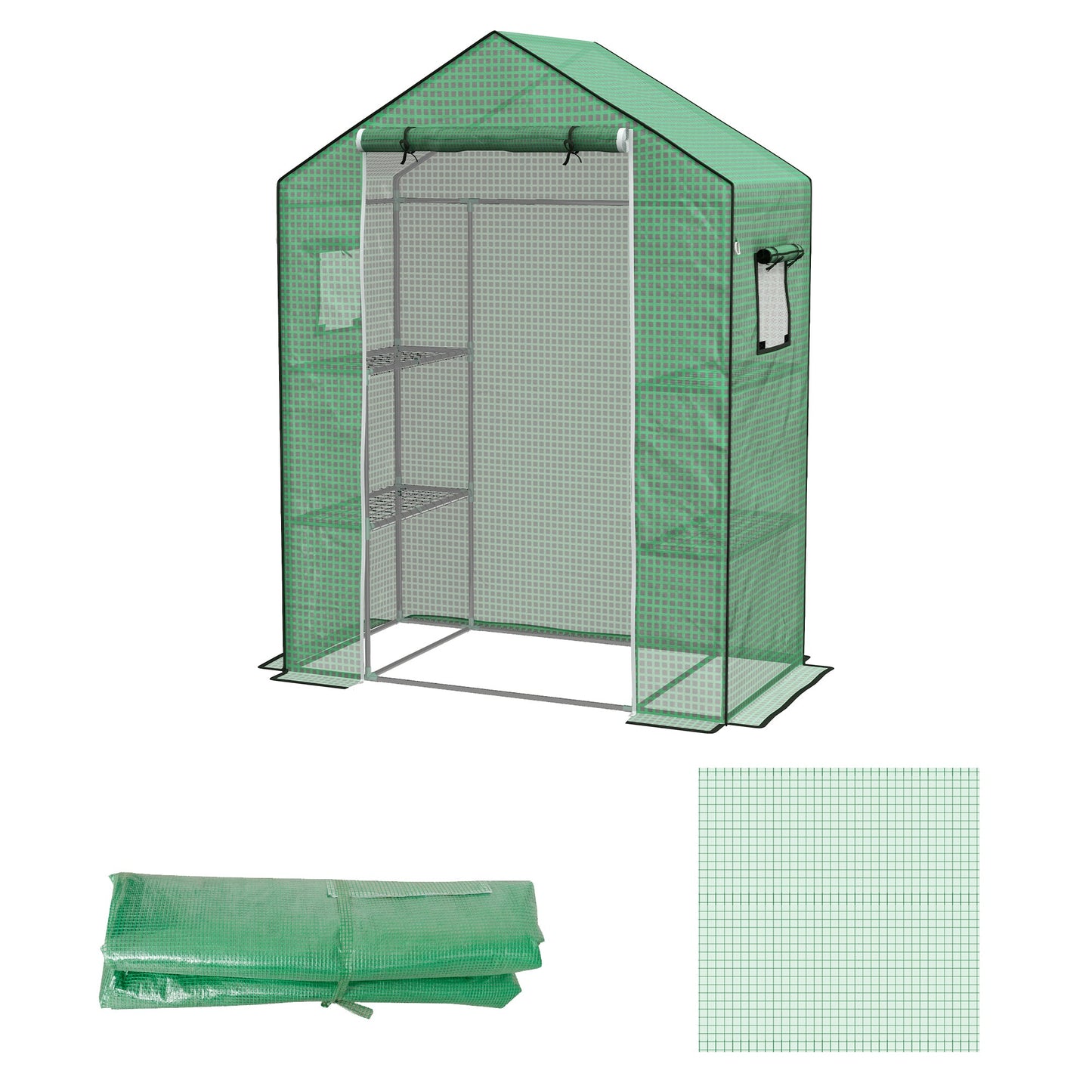 Walk-in Greenhouse Cover Replacement with Roll-up Door and Mesh Windows, Reinforced PE Hot House Cover, COVER ONLY, 140 x 73 x 190cm, Green
