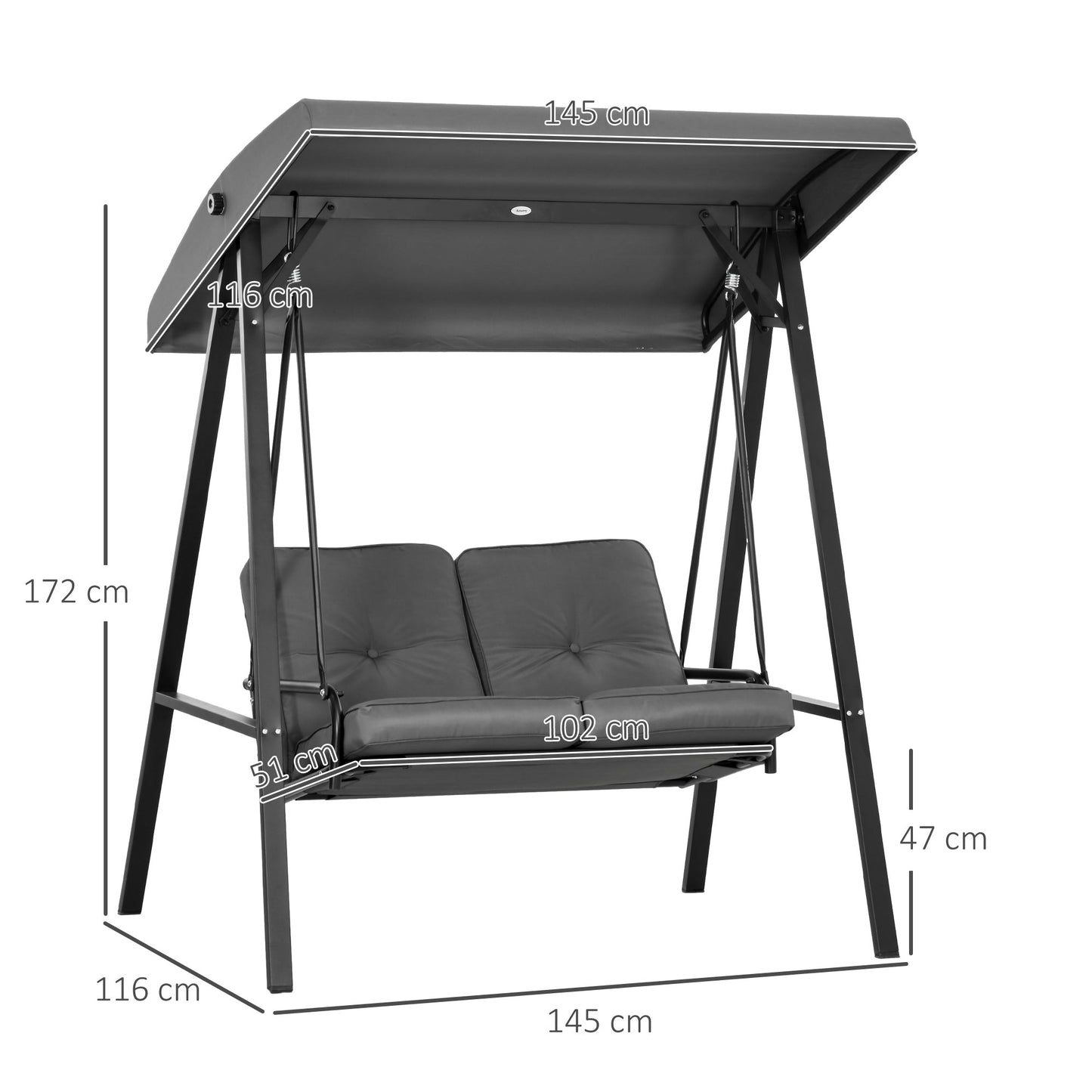 2 Seater Garden Swing Chair with Adjustable Tilting Canopy, Outdoor Hammock Bench with Steel Frame for Patio, Dark Grey
