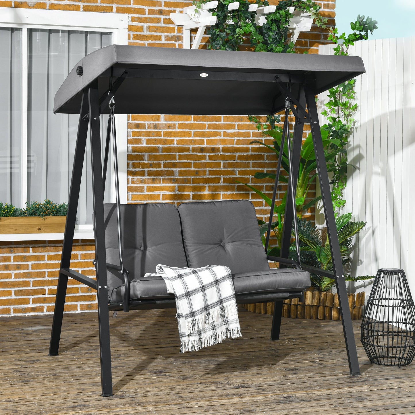 2 Seater Garden Swing Chair with Adjustable Tilting Canopy, Outdoor Hammock Bench with Steel Frame for Patio, Dark Grey