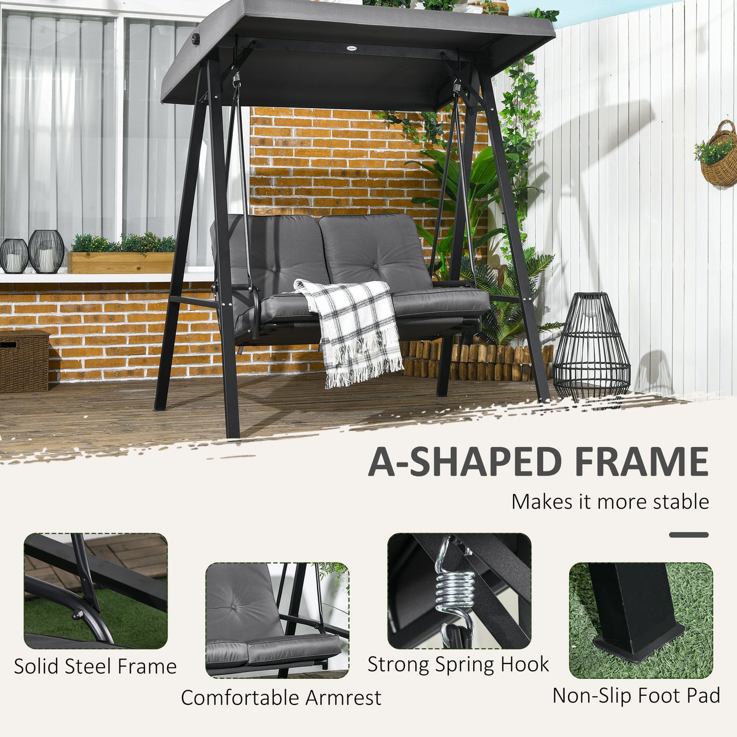 2 Seater Garden Swing Chair with Adjustable Tilting Canopy, Outdoor Hammock Bench with Steel Frame for Patio, Dark Grey