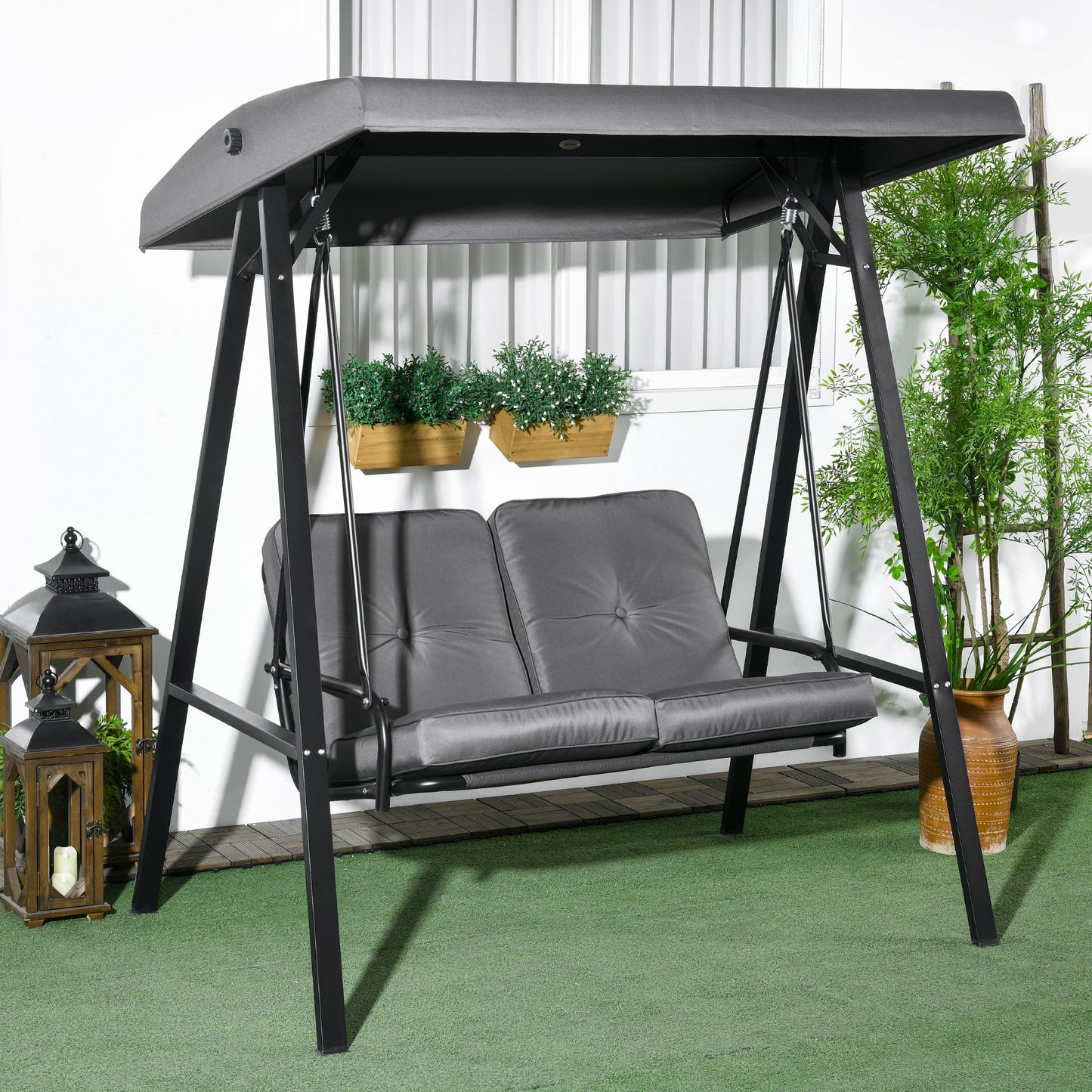 2 Seater Garden Swing Chair with Adjustable Tilting Canopy, Outdoor Hammock Bench with Steel Frame for Patio, Dark Grey