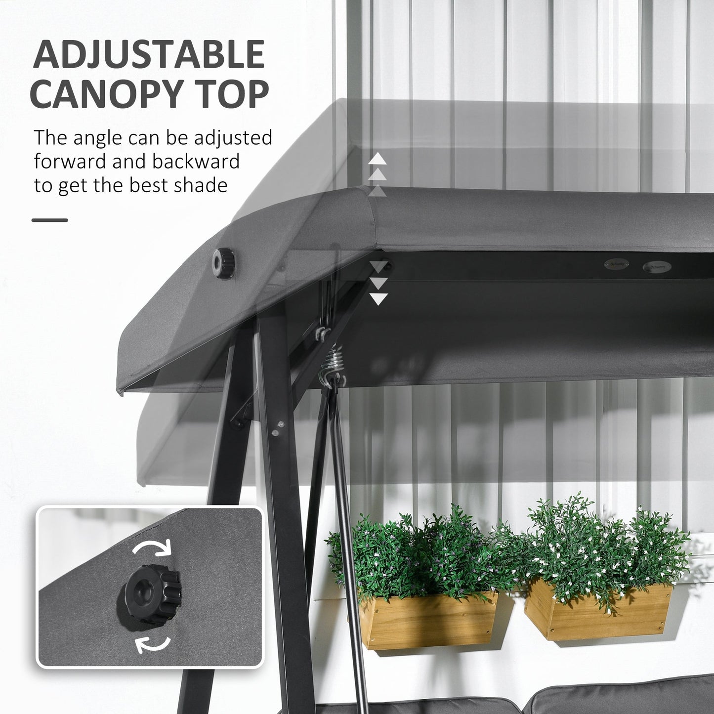 2 Seater Garden Swing Chair with Adjustable Tilting Canopy, Outdoor Hammock Bench with Steel Frame for Patio, Dark Grey