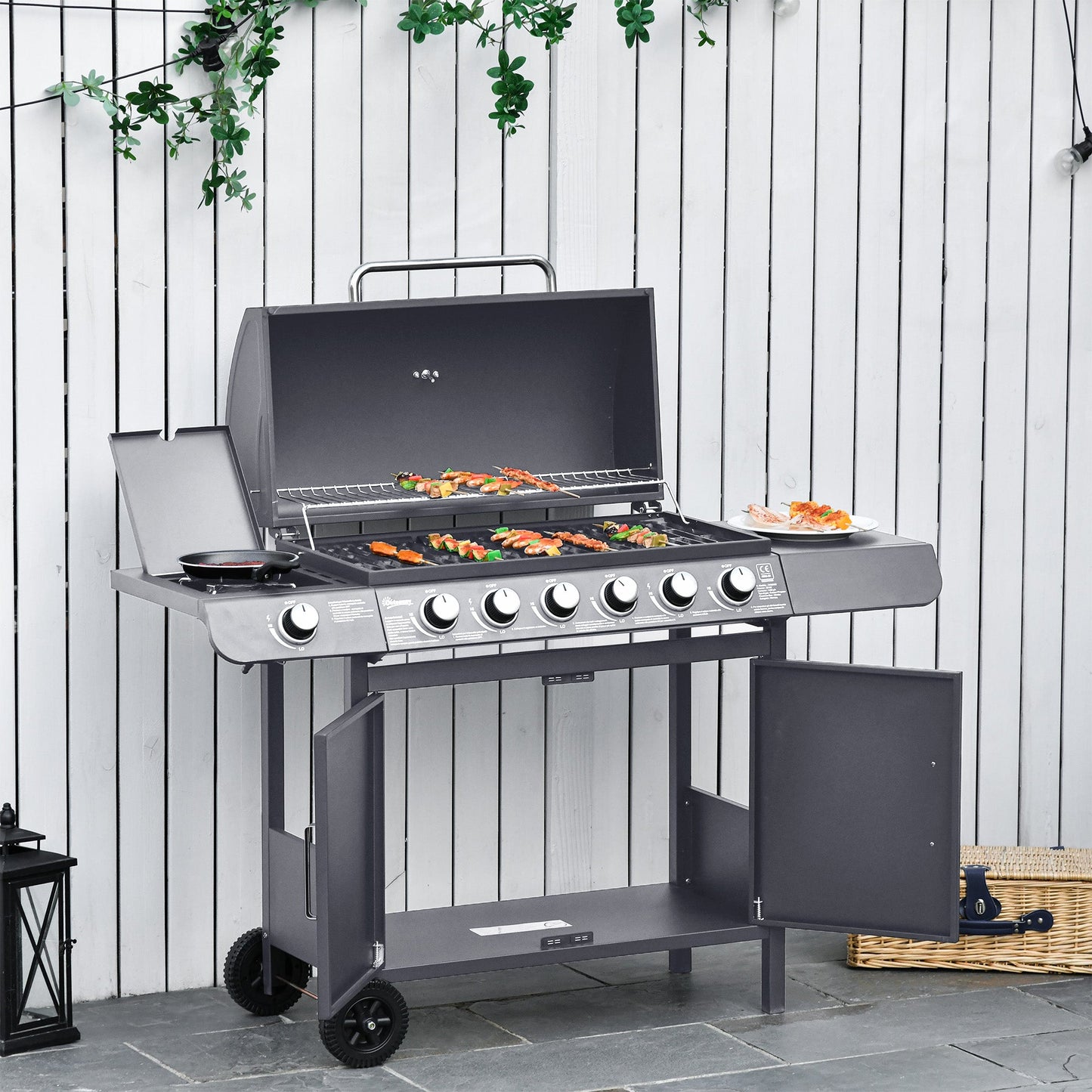 6+1 Burner Gas BBQ Grill, Outdoor Barbecue Trolley with Wheels, Warming Rack, Side Shelves, Cabinet, Thermometer for Garden, Party, Camping, 135 x 51.5 x 100cm, Grey