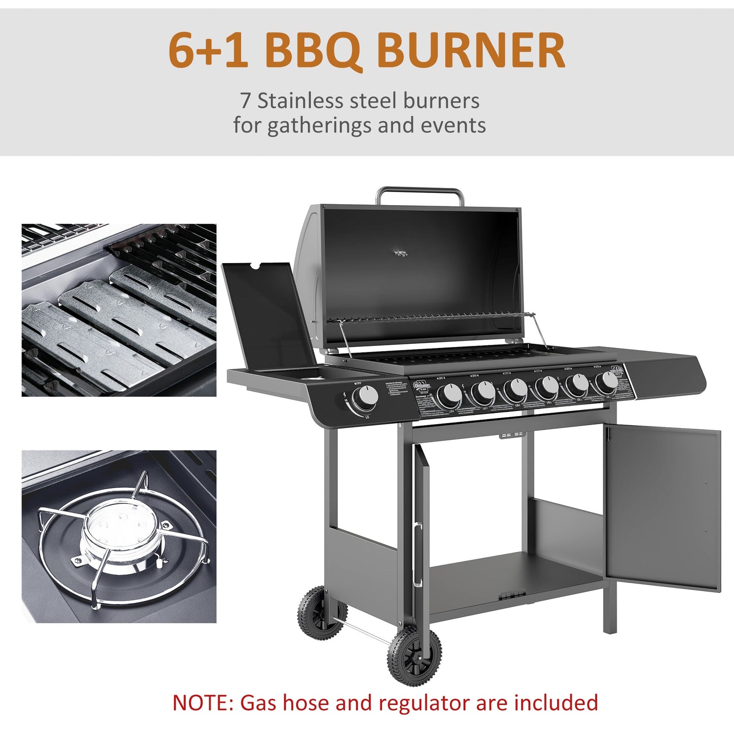 6+1 Burner Gas BBQ Grill, Outdoor Barbecue Trolley with Wheels, Warming Rack, Side Shelves, Cabinet, Thermometer for Garden, Party, Camping, 135 x 51.5 x 100cm, Grey