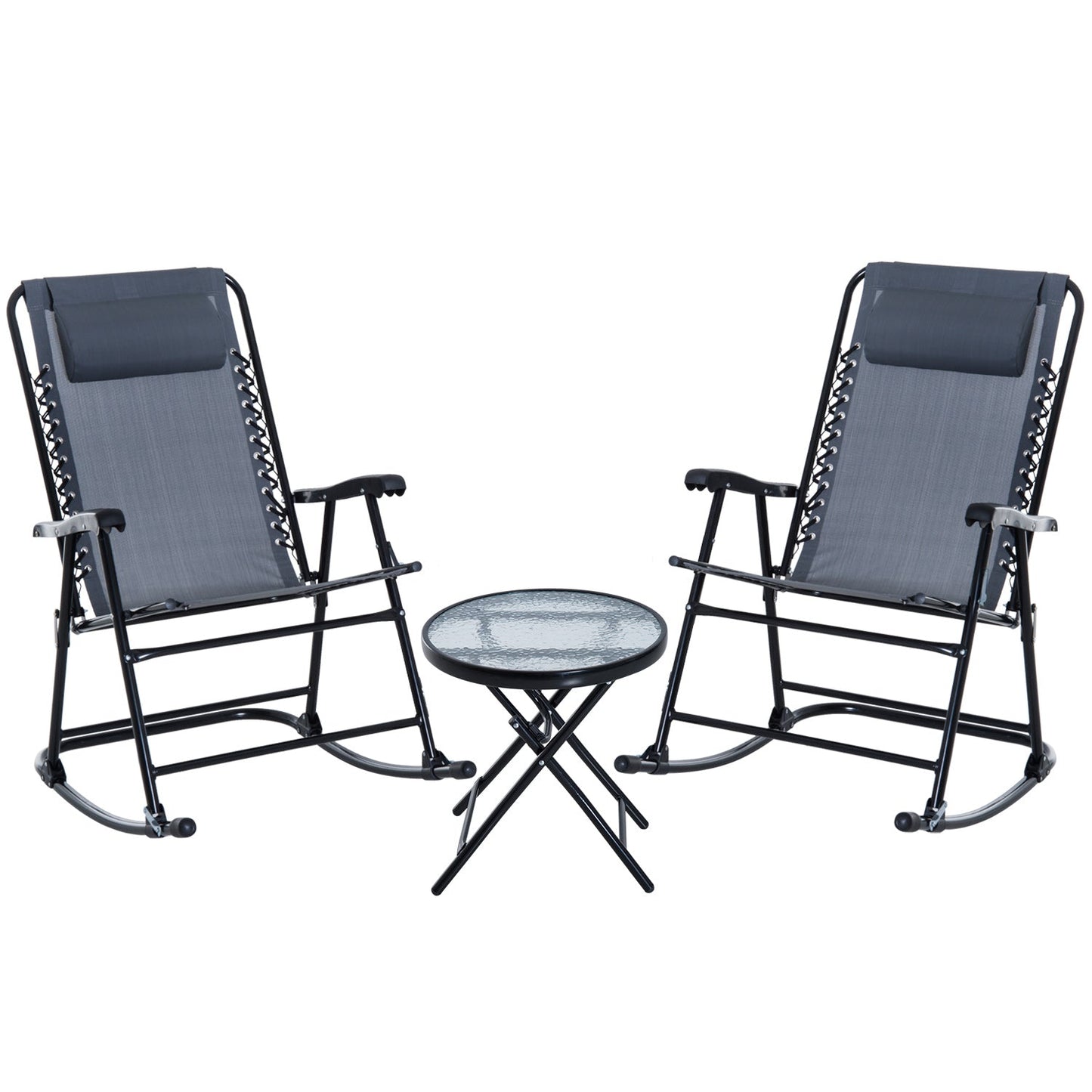 3 Piece Outdoor Rocking Set with 2 Folding Chairs and 1 Tempered Glass Table, Patio Bistro Set for Garden, Deck, Grey