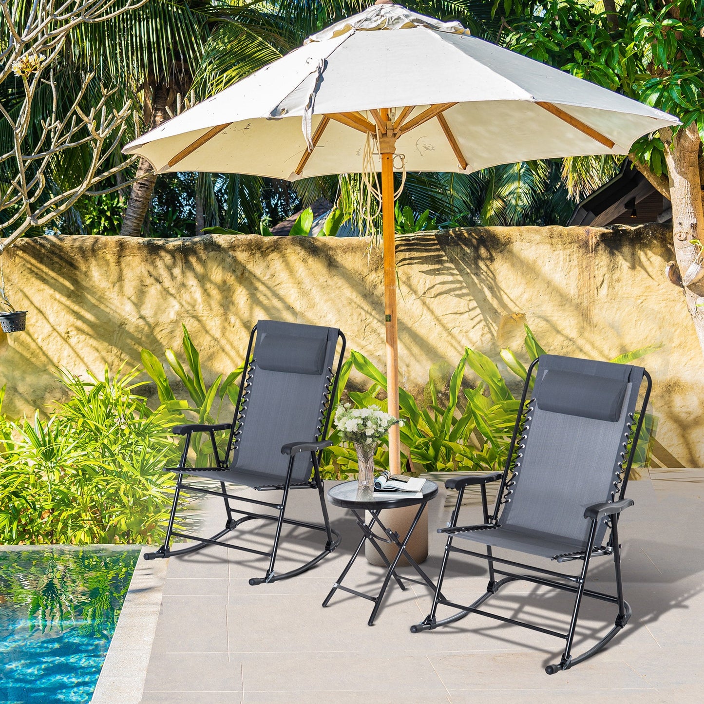3 Piece Outdoor Rocking Set with 2 Folding Chairs and 1 Tempered Glass Table, Patio Bistro Set for Garden, Deck, Grey