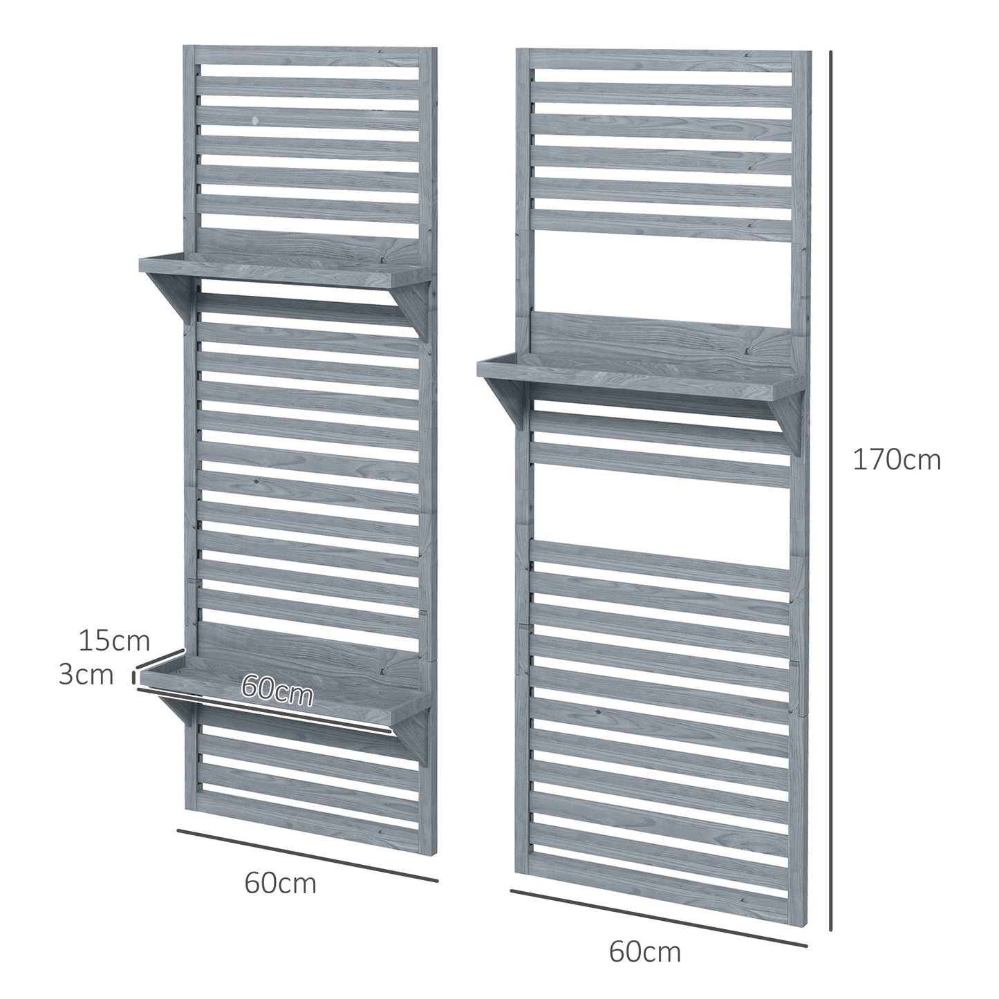 2-pieces Outdoor Plant Stands with Hanging Planter Shelves and Slatted Trellis for Climbing Plants, 170cm Wall Mount Wooden Plant Rack for Patio, Balcony, Porch, Grey