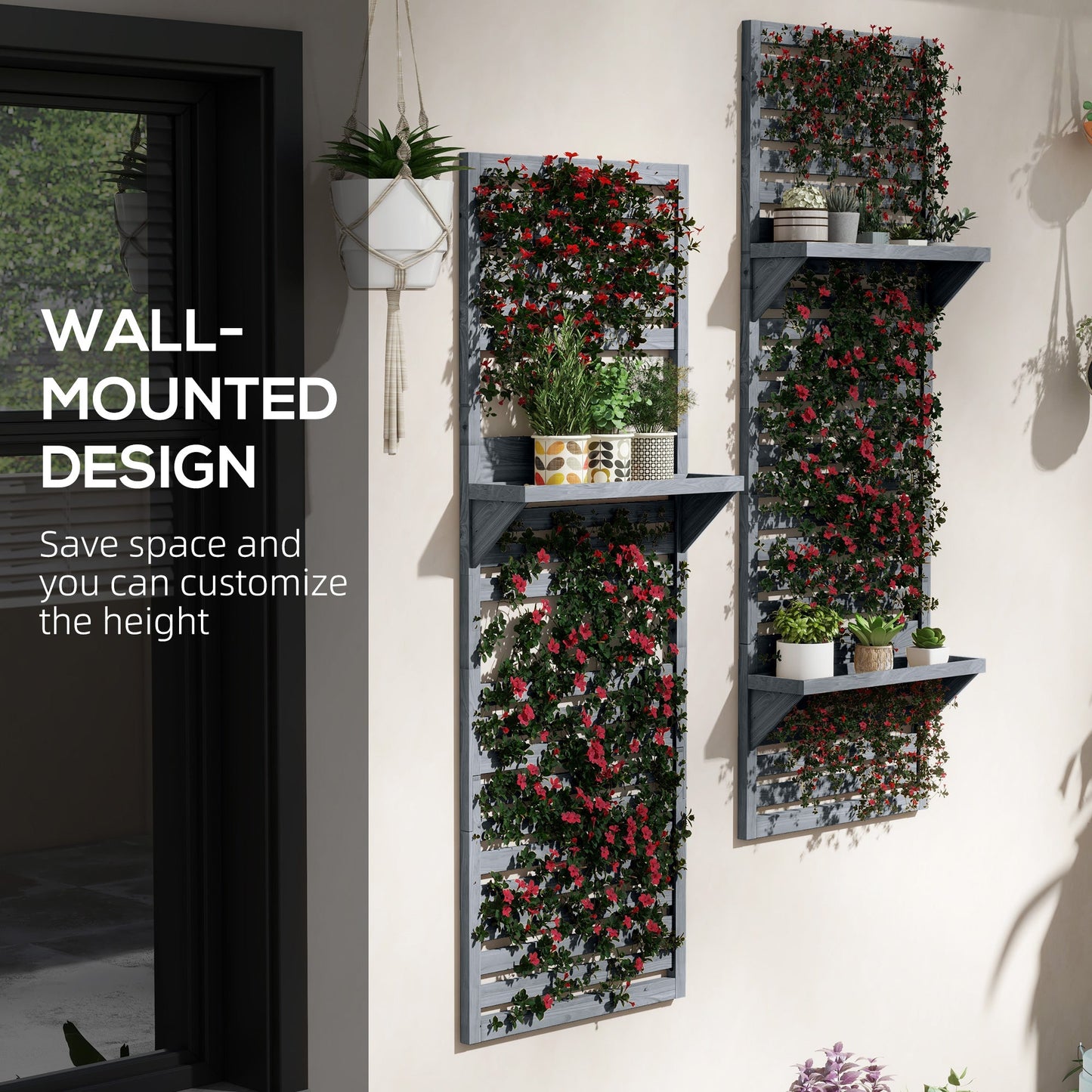 2-pieces Outdoor Plant Stands with Hanging Planter Shelves and Slatted Trellis for Climbing Plants, 170cm Wall Mount Wooden Plant Rack for Patio, Balcony, Porch, Grey