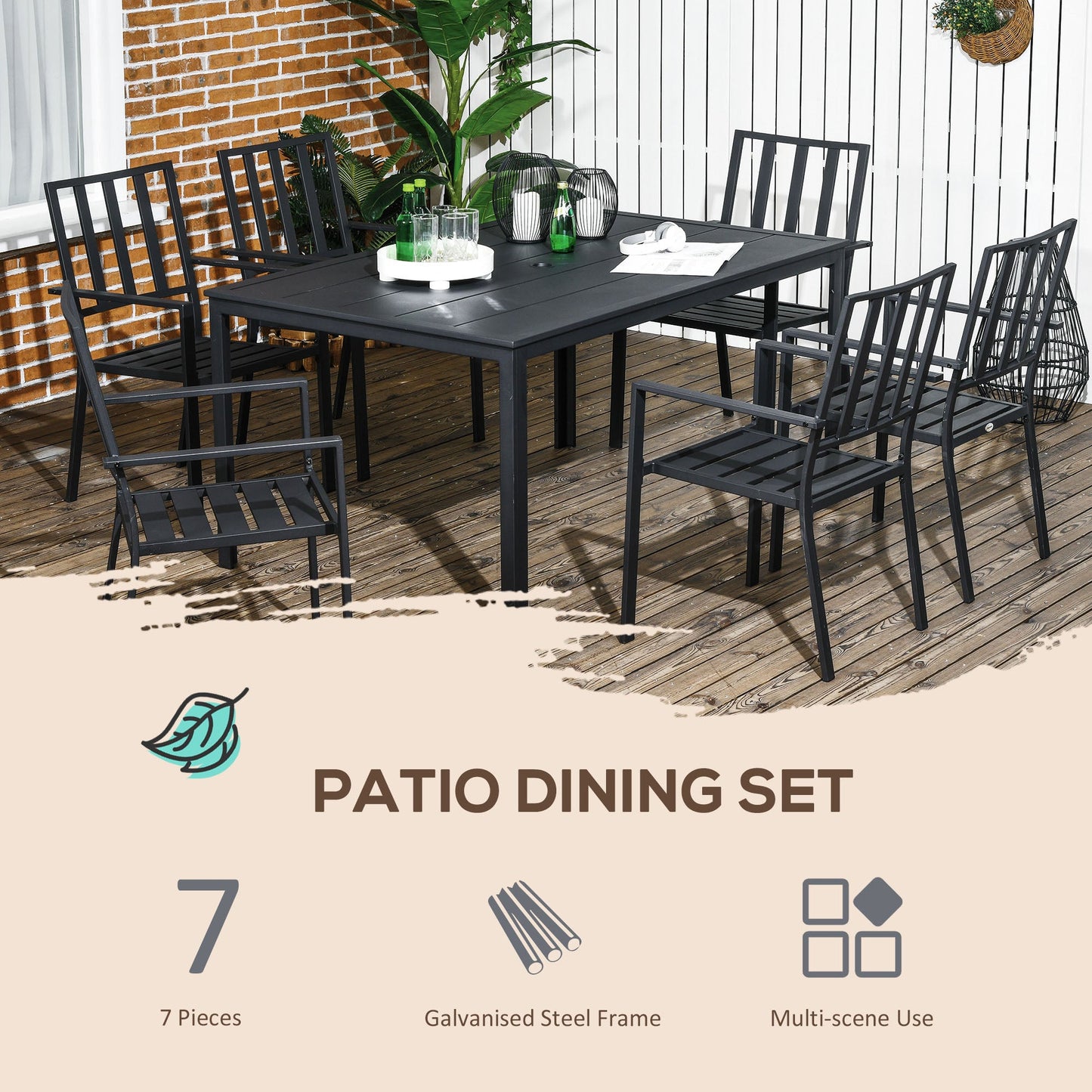 7 Pieces Garden Dining Set, Outdoor Patio Table and 6 Stackable Chairs, Metal Top Table with Umbrella Hole, Black