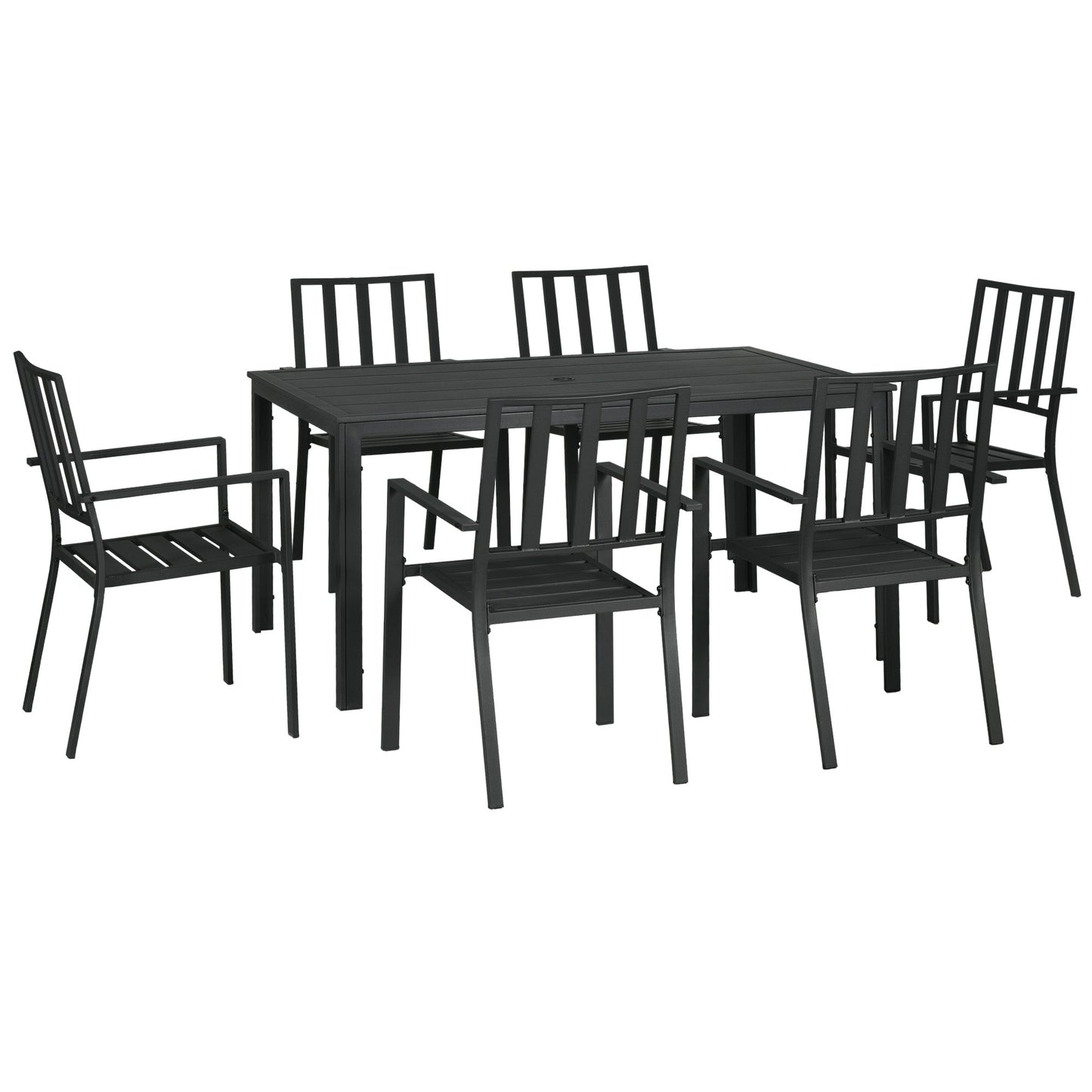 7 Pieces Garden Dining Set, Outdoor Patio Table and 6 Stackable Chairs, Metal Top Table with Umbrella Hole, Black