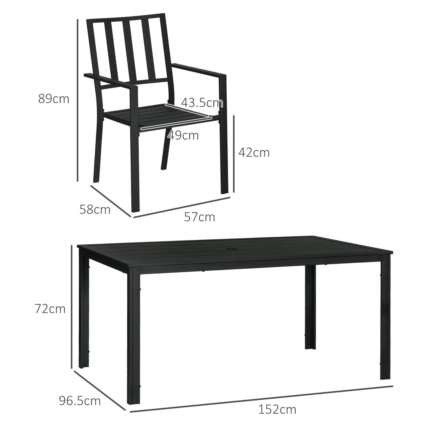 7 Pieces Garden Dining Set, Outdoor Patio Table and 6 Stackable Chairs, Metal Top Table with Umbrella Hole, Black