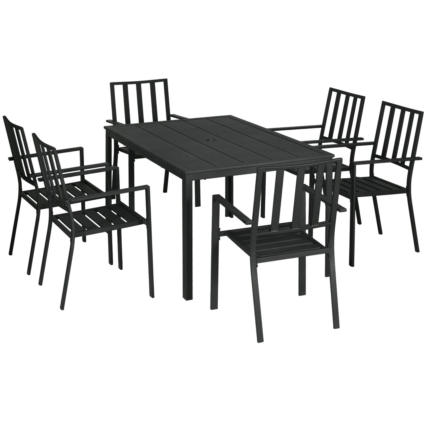 7 Pieces Garden Dining Set, Outdoor Patio Table and 6 Stackable Chairs, Metal Top Table with Umbrella Hole, Black