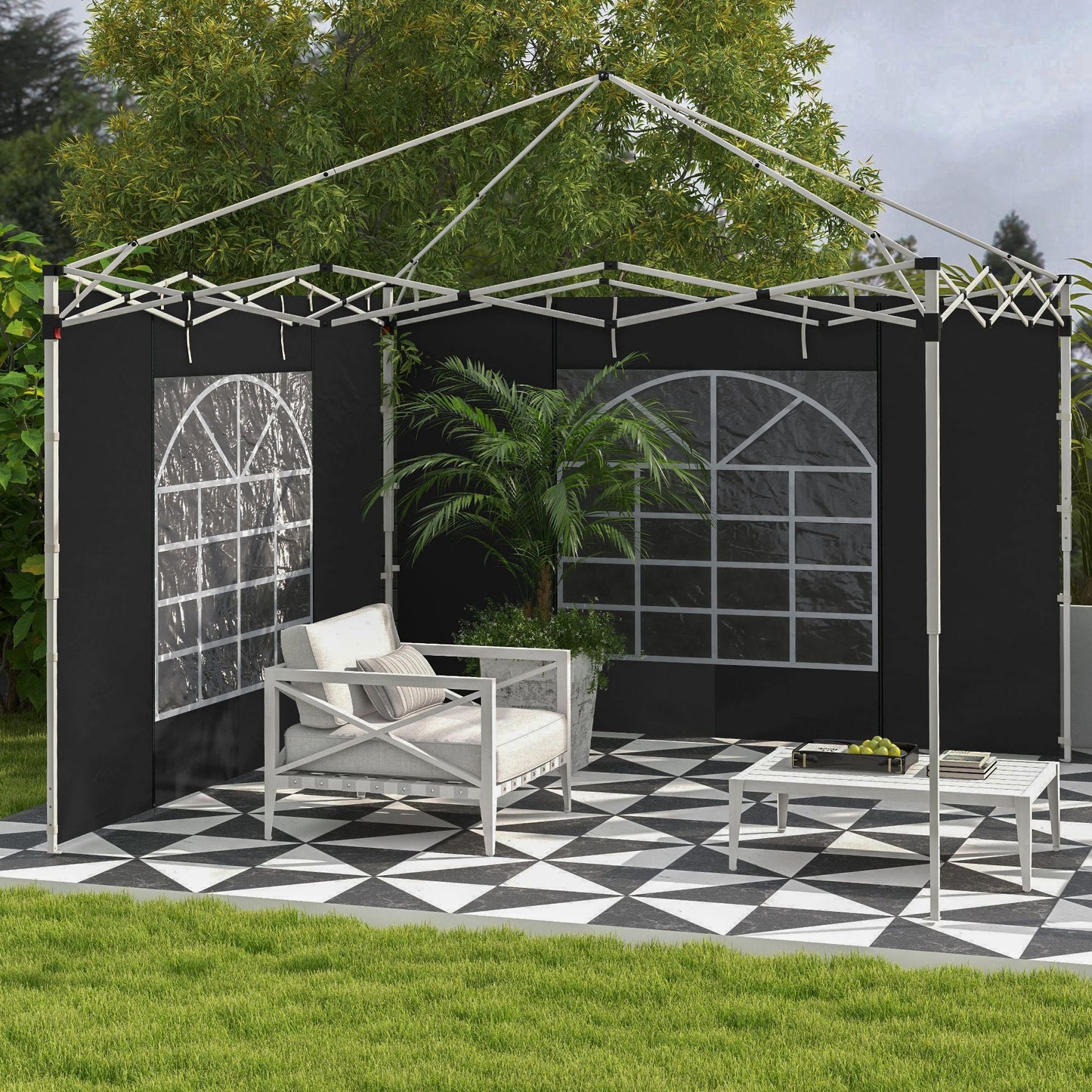 Gazebo Side Panels with Windows and Doors, for 3x3(m) or 3x6m Pop Up Gazebo, 2 Pack Sides Replacement, Black