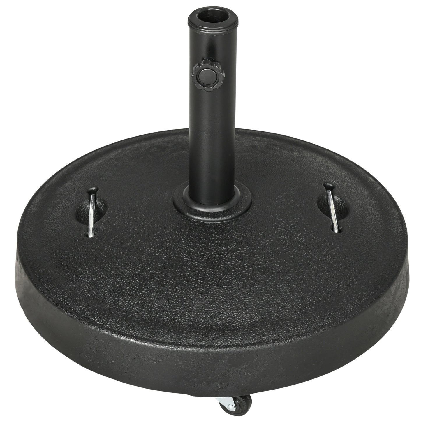23.5kg Resin Garden Parasol Base with Wheels and Retractable Handles, Round Outdoor Market Umbrella Stand Weight for Poles of Φ38mm to Φ48mm, Black
