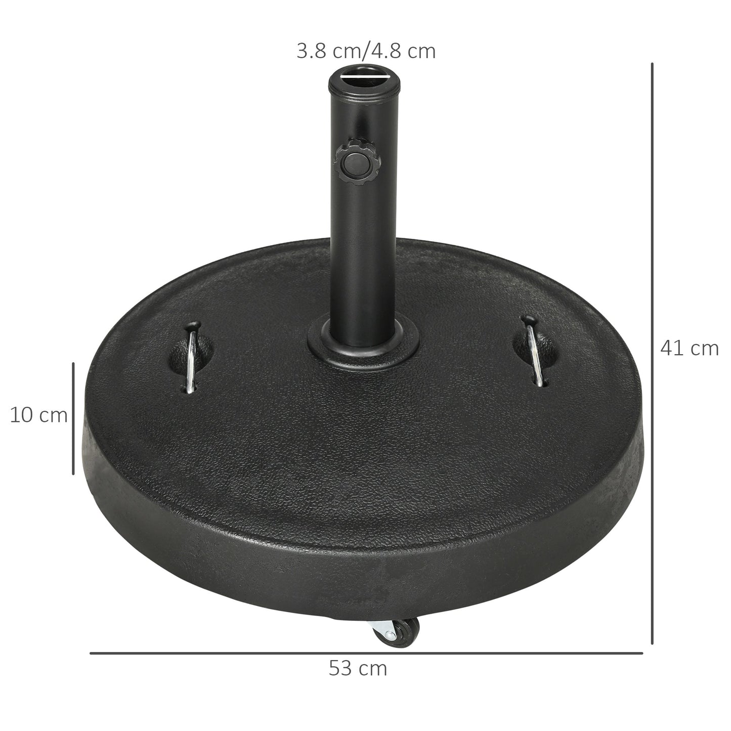 23.5kg Resin Garden Parasol Base with Wheels and Retractable Handles, Round Outdoor Market Umbrella Stand Weight for Poles of Φ38mm to Φ48mm, Black