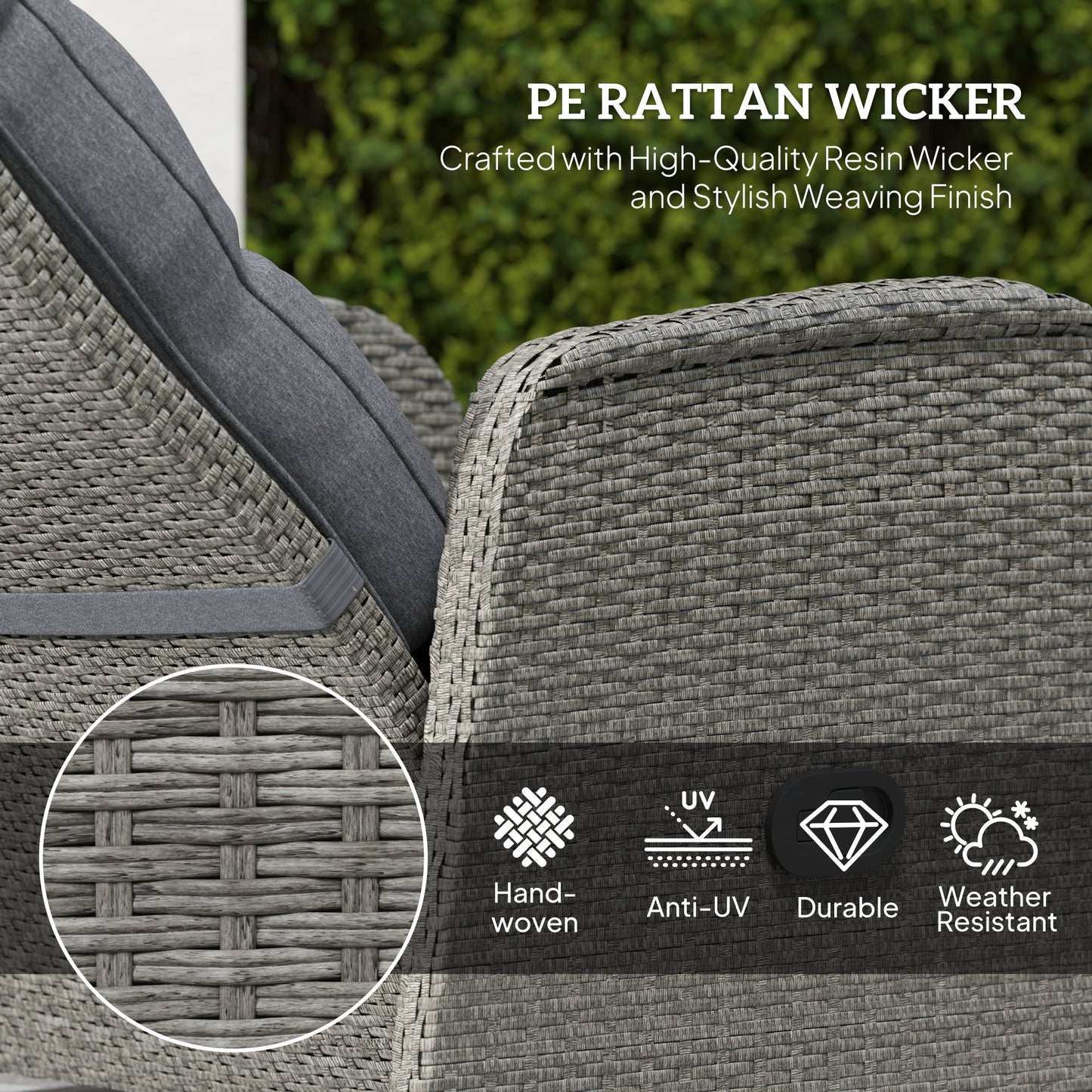 3 Pieces Rattan Bistro Set, Wicker Balcony Furniture Set with Reclining Sun Loungers, 2-Tier Coffee Table and Cushions, 2 Seater Garden Furniture for Outdoor Patio Balcony, Grey