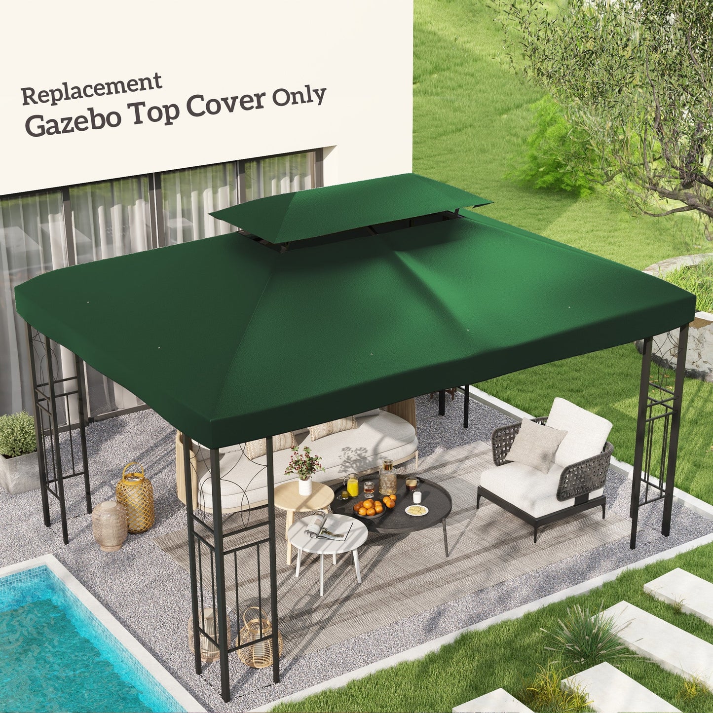 3x4m Gazebo Canopy Replacement Cover, 2 Tier Top Roof UV Cover Garden Patio Outdoor Sun Awning Shelters, Green (TOP COVER ONLY)
