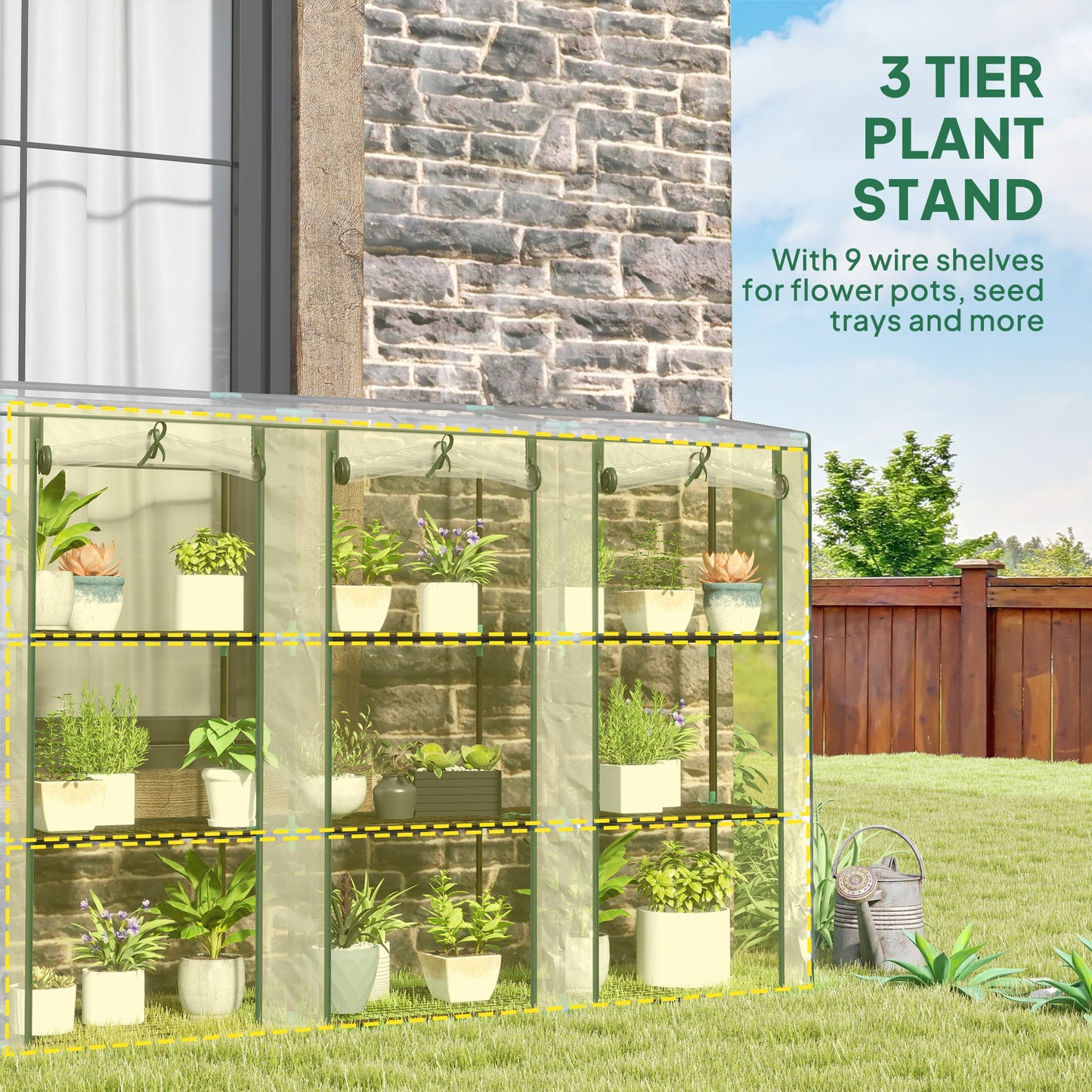 3 Tier Lean-to Mini Greenhouse with Reinforced Plastic Cover, Portable Indoor Outdoor Green House with 3 Roll-up Doors and 9 Wire Shelves, 151H x 215W x 46Dcm, Clear