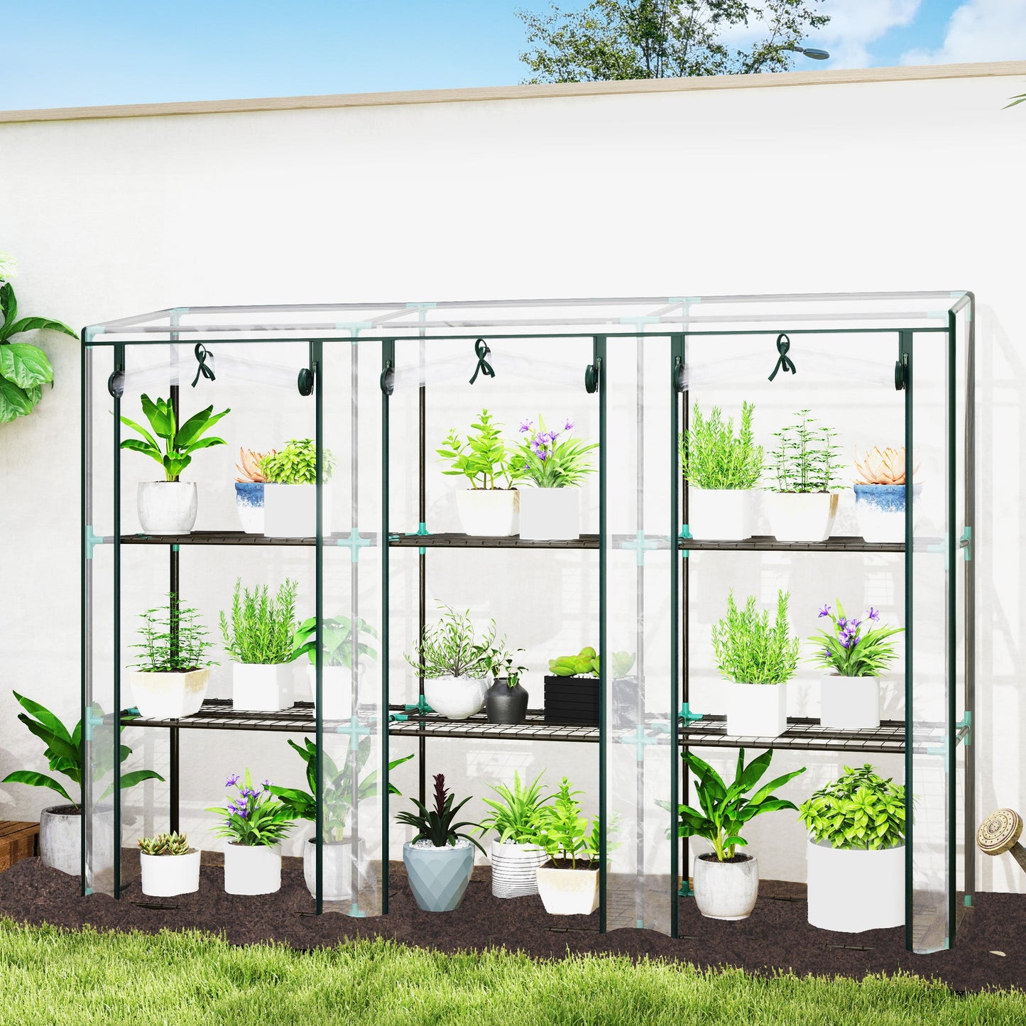 3 Tier Lean-to Mini Greenhouse with Reinforced Plastic Cover, Portable Indoor Outdoor Green House with 3 Roll-up Doors and 9 Wire Shelves, 151H x 215W x 46Dcm, Clear