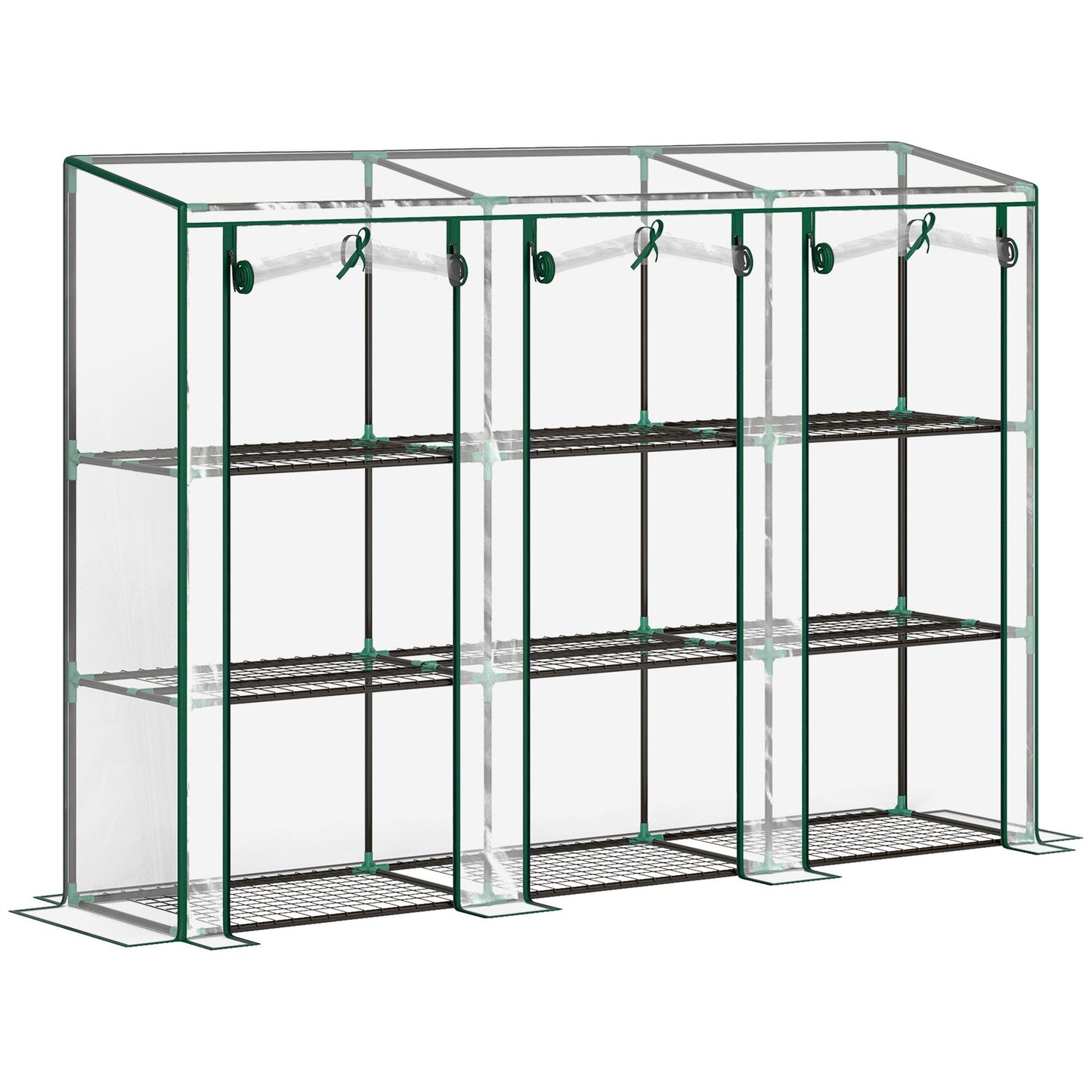 3 Tier Lean-to Mini Greenhouse with Reinforced Plastic Cover, Portable Indoor Outdoor Green House with 3 Roll-up Doors and 9 Wire Shelves, 151H x 215W x 46Dcm, Clear