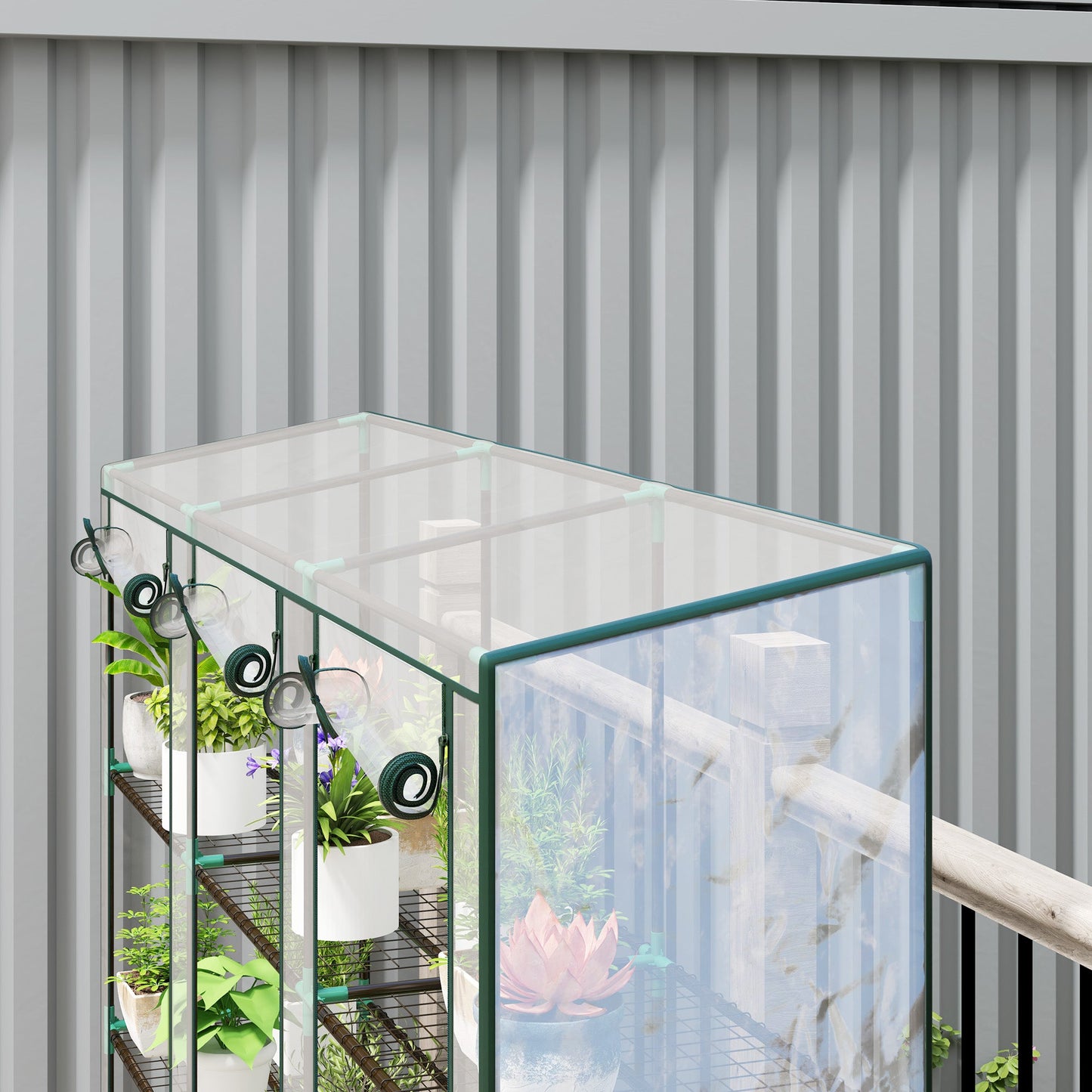 3 Tier Lean-to Mini Greenhouse with Reinforced Plastic Cover, Portable Indoor Outdoor Green House with 3 Roll-up Doors and 9 Wire Shelves, 151H x 215W x 46Dcm, Clear