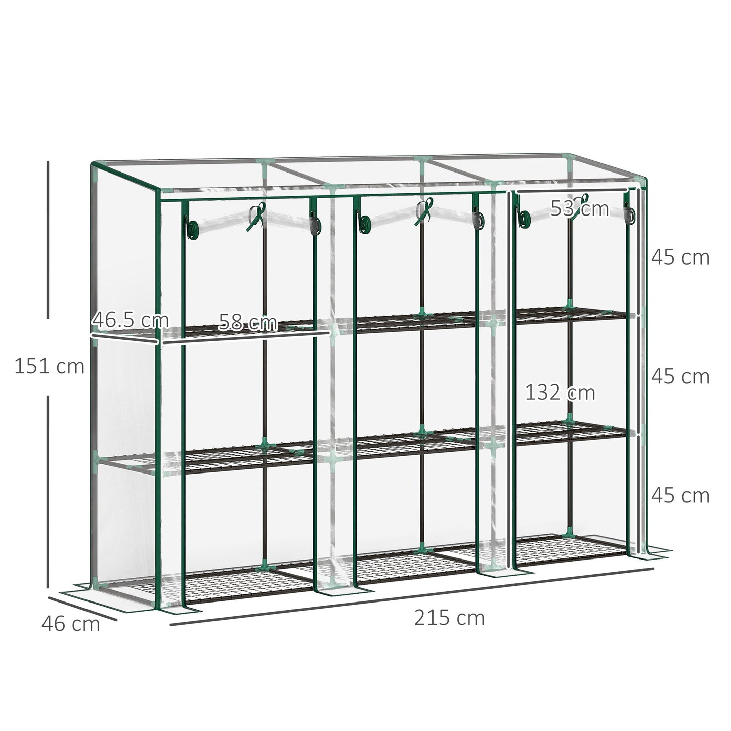 3 Tier Lean-to Mini Greenhouse with Reinforced Plastic Cover, Portable Indoor Outdoor Green House with 3 Roll-up Doors and 9 Wire Shelves, 151H x 215W x 46Dcm, Clear