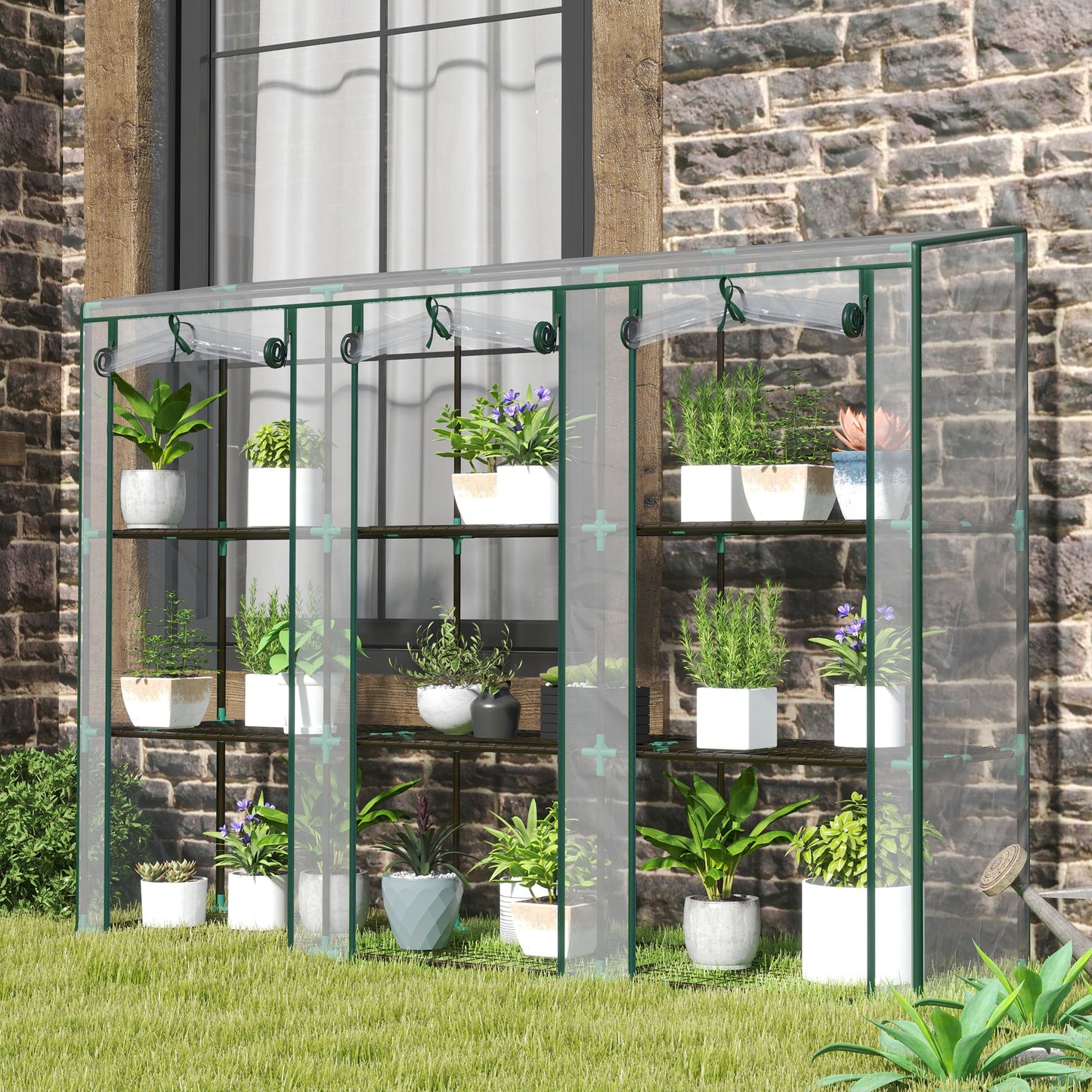 3 Tier Lean-to Mini Greenhouse with Reinforced Plastic Cover, Portable Indoor Outdoor Green House with 3 Roll-up Doors and 9 Wire Shelves, 151H x 215W x 46Dcm, Clear