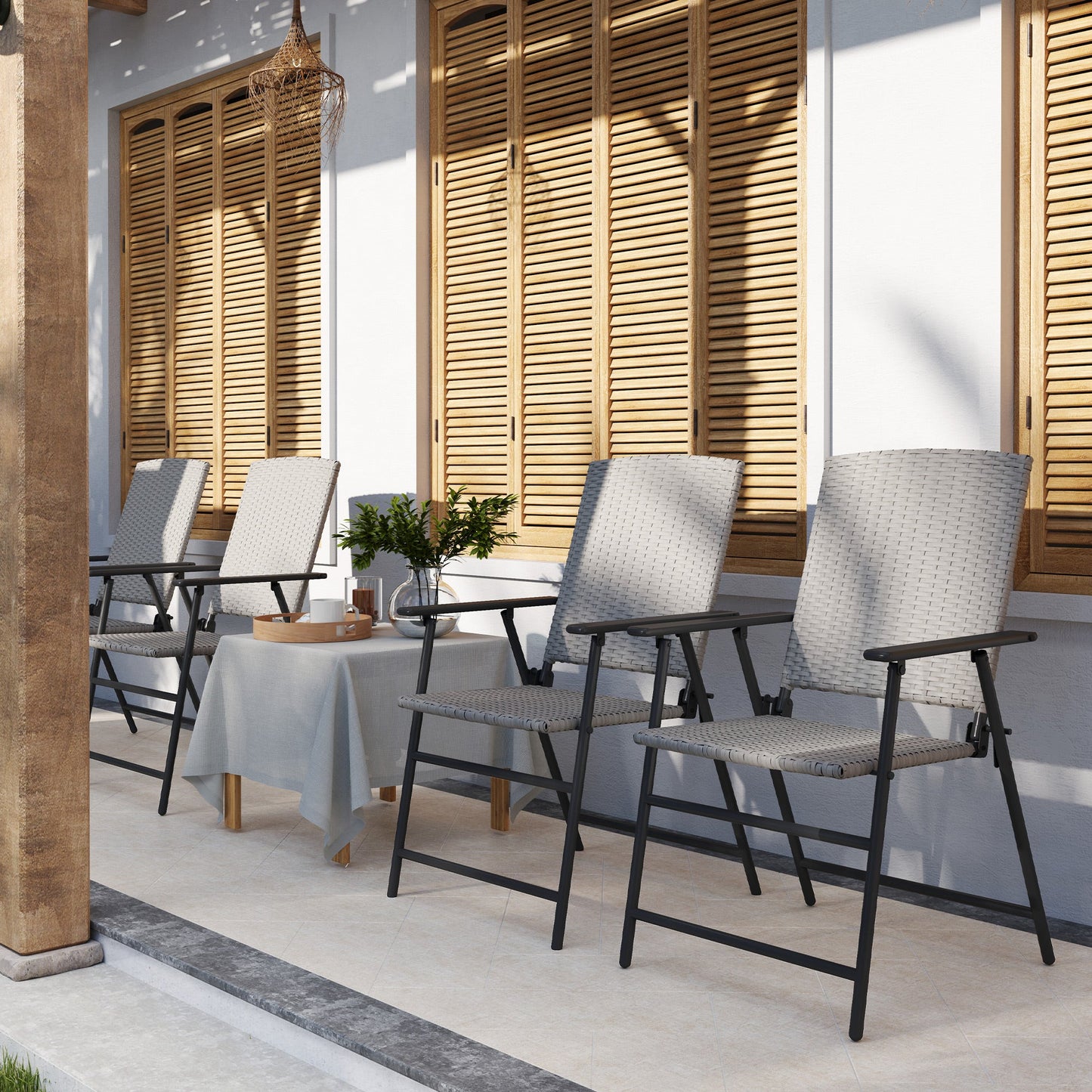 Folding Garden Chairs Set of 4, PE Rattan Garden Dining Chairs with Armrests, High Back and Steel Frame, Weather Resistant Outdoor Dining Furniture for Patio, Balcony, Grey