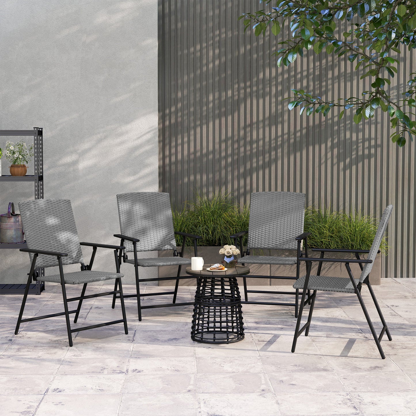 Folding Garden Chairs Set of 4, PE Rattan Garden Dining Chairs with Armrests, High Back and Steel Frame, Weather Resistant Outdoor Dining Furniture for Patio, Balcony, Grey
